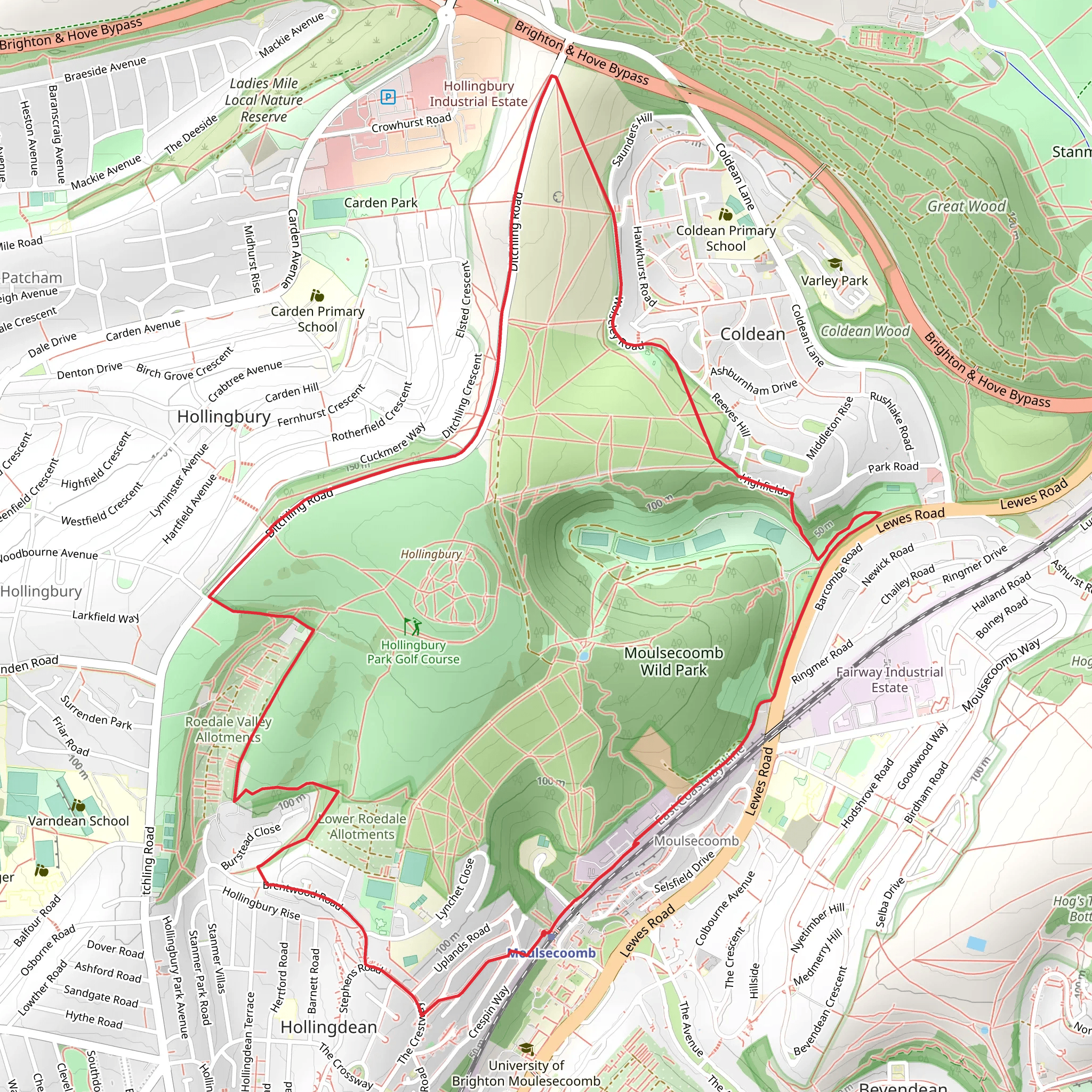 Moulsecoomb WIld Park and Hollingbury Park Golf Course Loop mobile static map