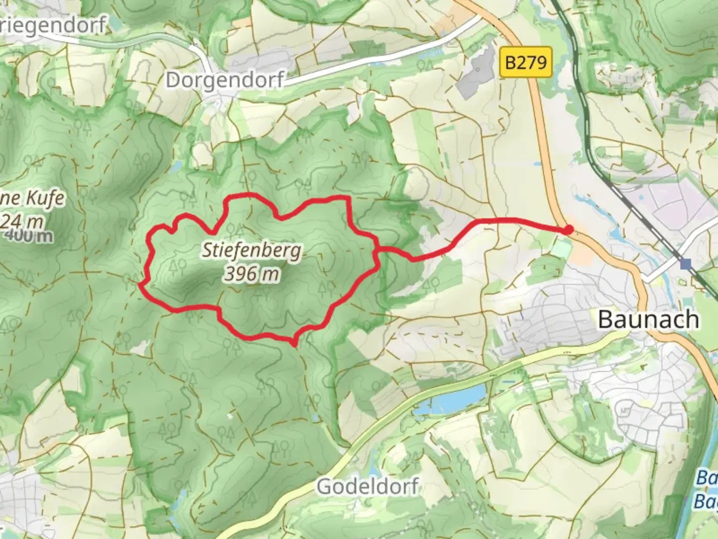 An image depicting the trail Baunach Stiefenbergrunde and its surrounding area.