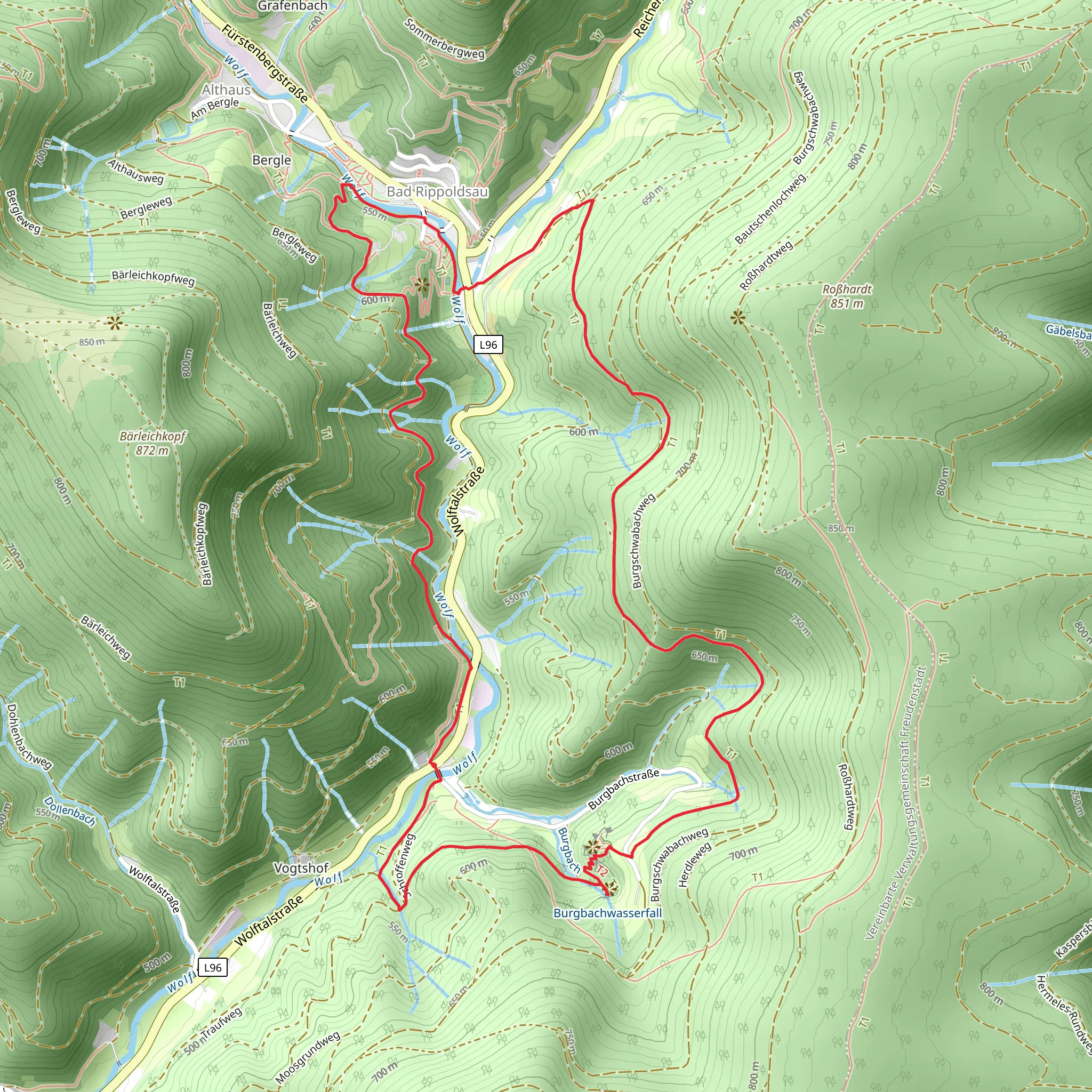 Klösterle and Burgbach Wasserfall Loop via Wolfsschlucht mobile static map