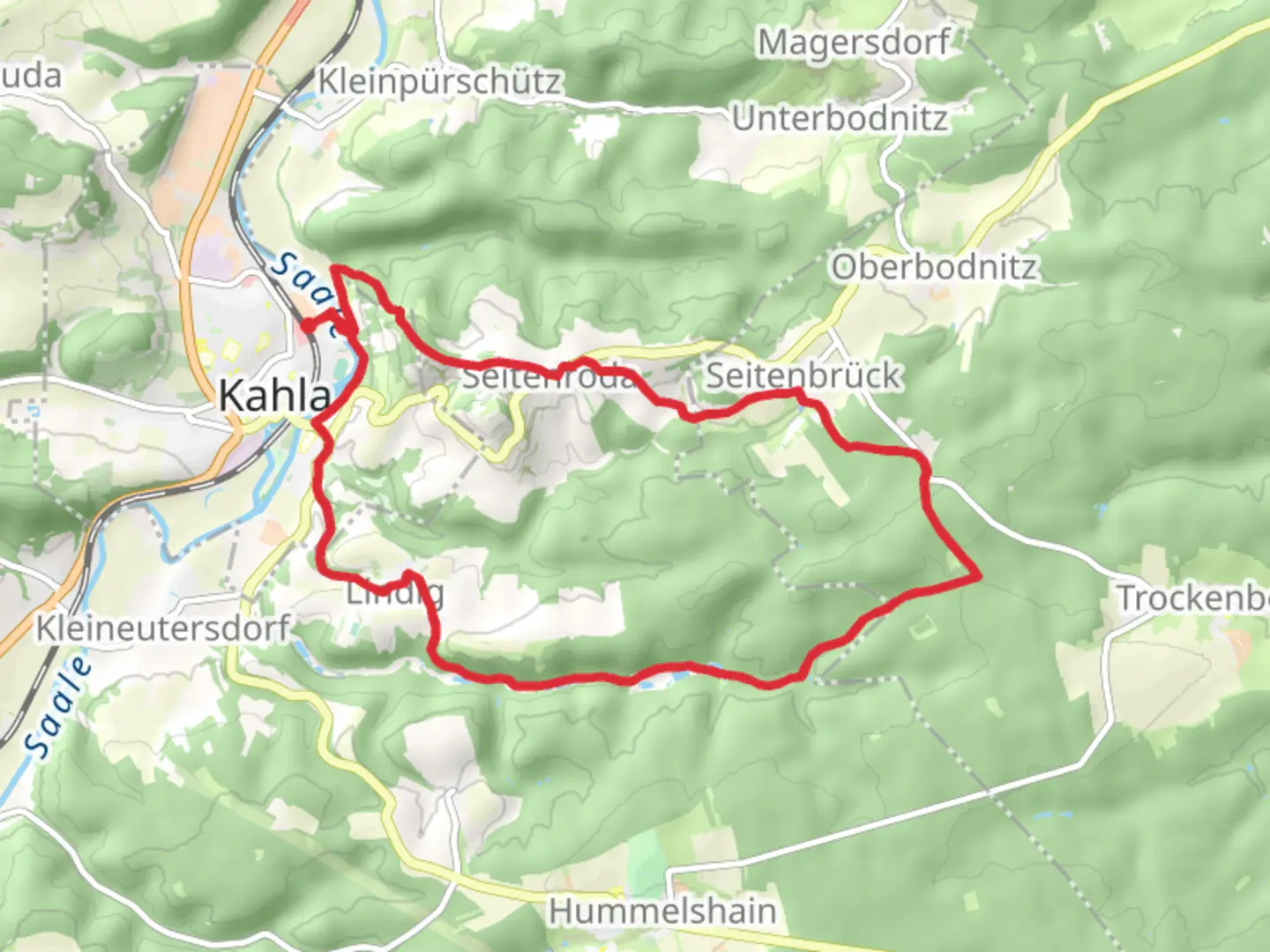 An image depicting the trail Kahla Loop via Schwarzer Teich and its surrounding area.