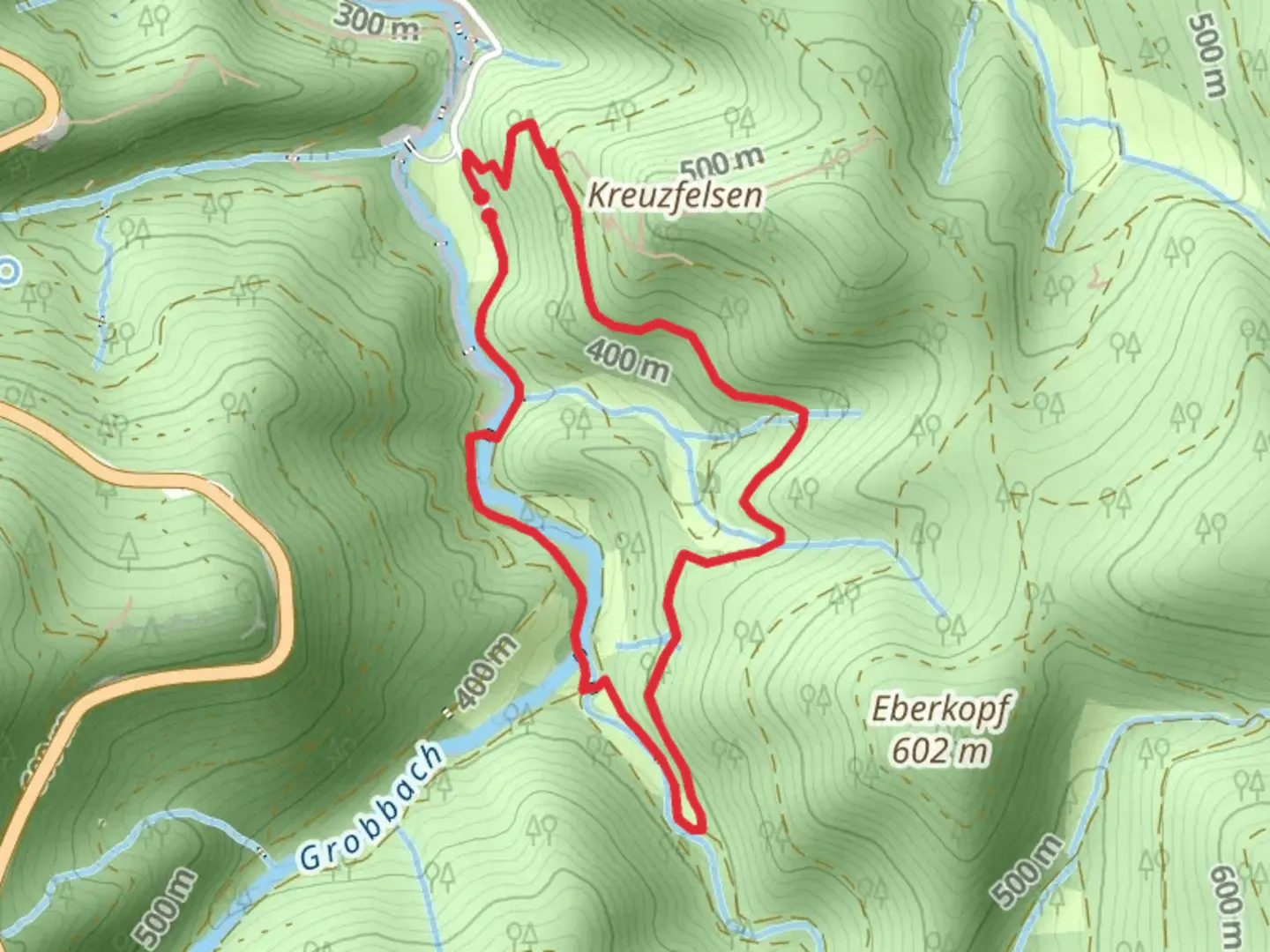 An image depicting the trail Kreuzfelsen Rundweg and Wasserfallstraße Loop and its surrounding area.