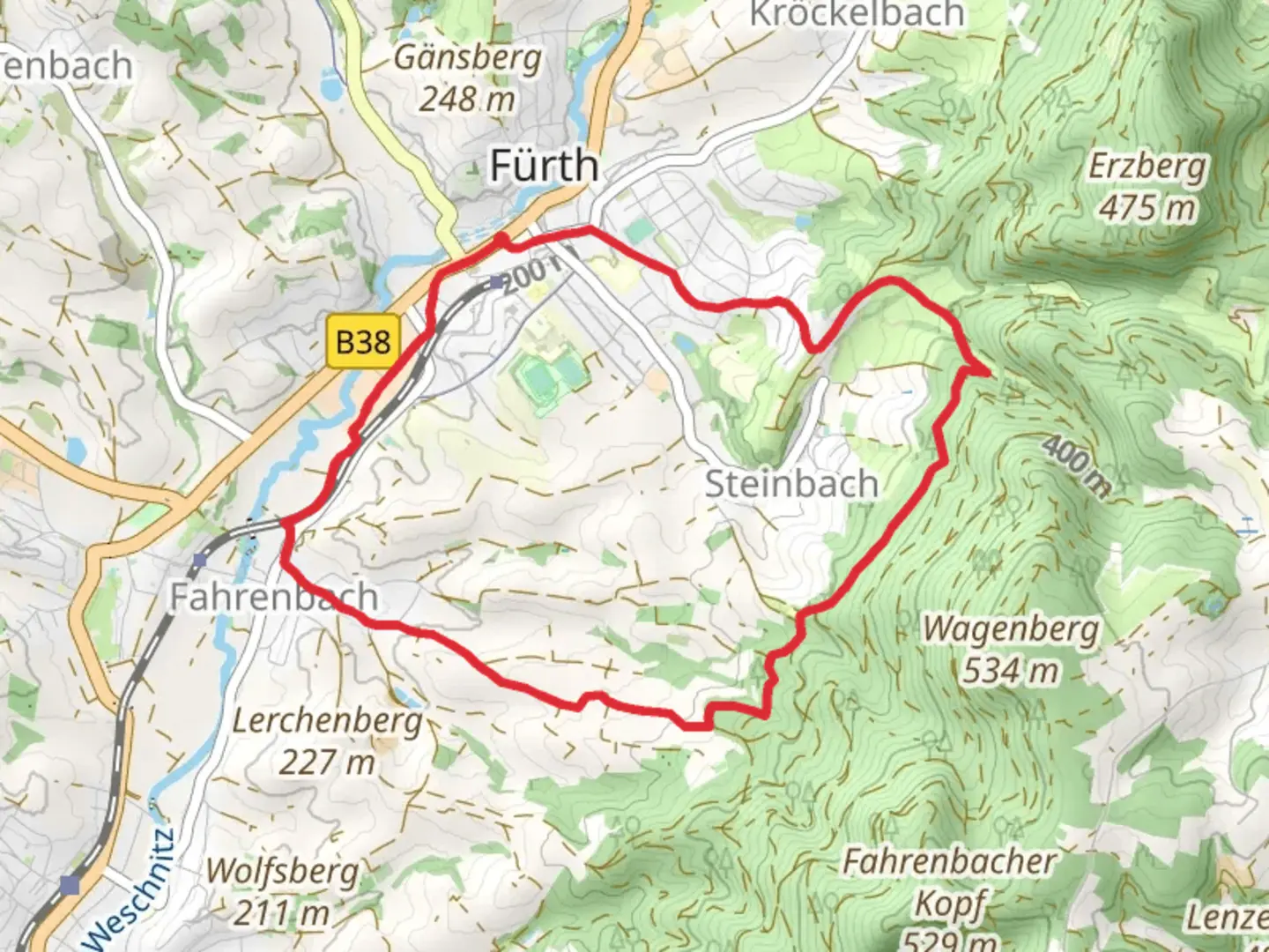 An image depicting the trail Rundwanderweg Fuerth Loop and its surrounding area.