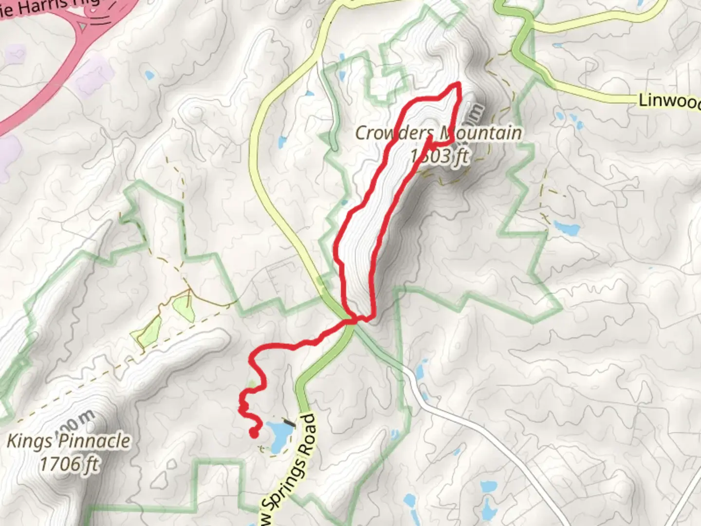An image depicting the trail Crowders Mountain Loop via Crowders Trail and Rocktop Trail and its surrounding area.