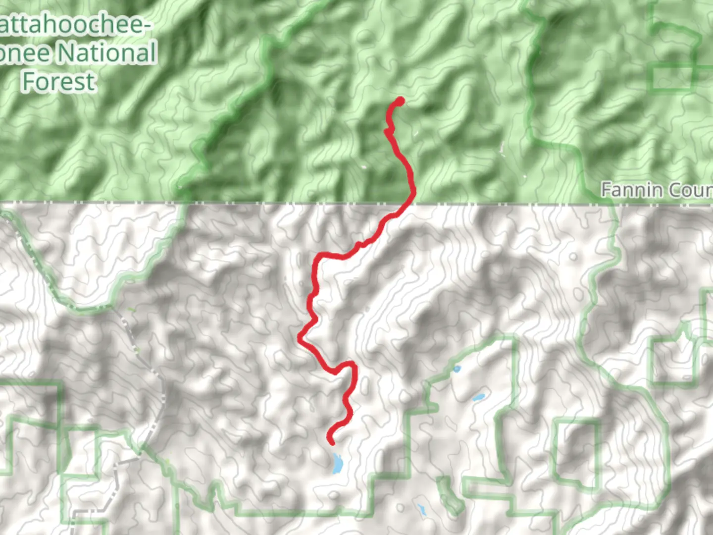 An image depicting the trail Hills Lake via Mountaintown Creek and its surrounding area.