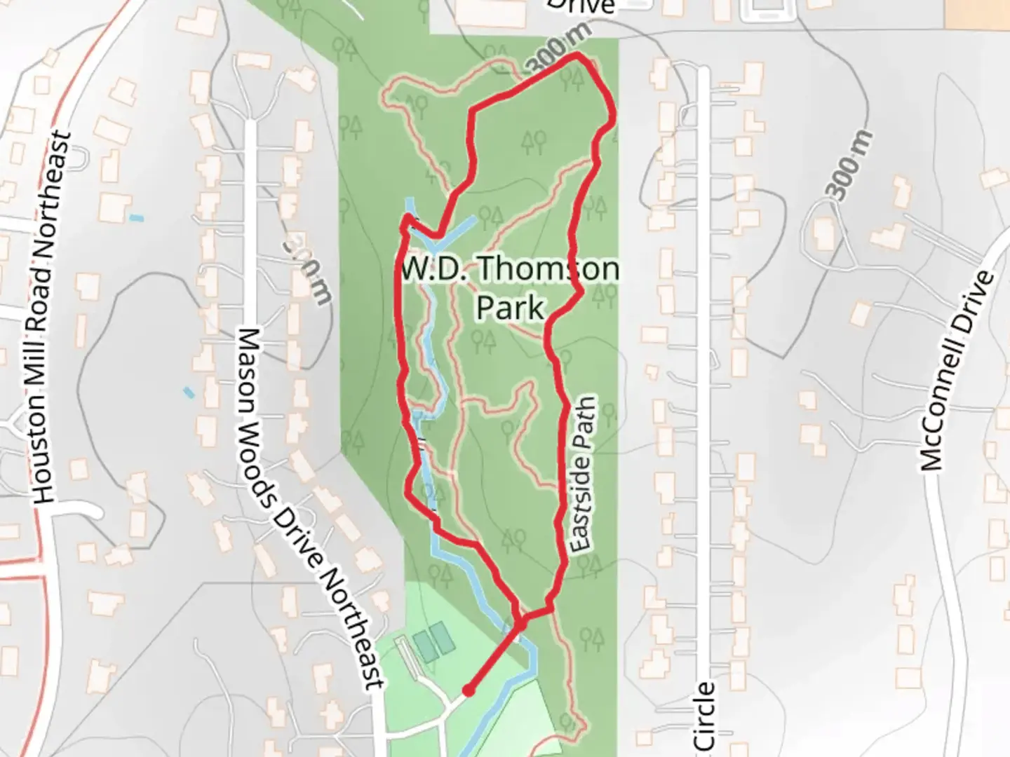 An image depicting the trail Eastside, Westside and Creekside Trail and its surrounding area.
