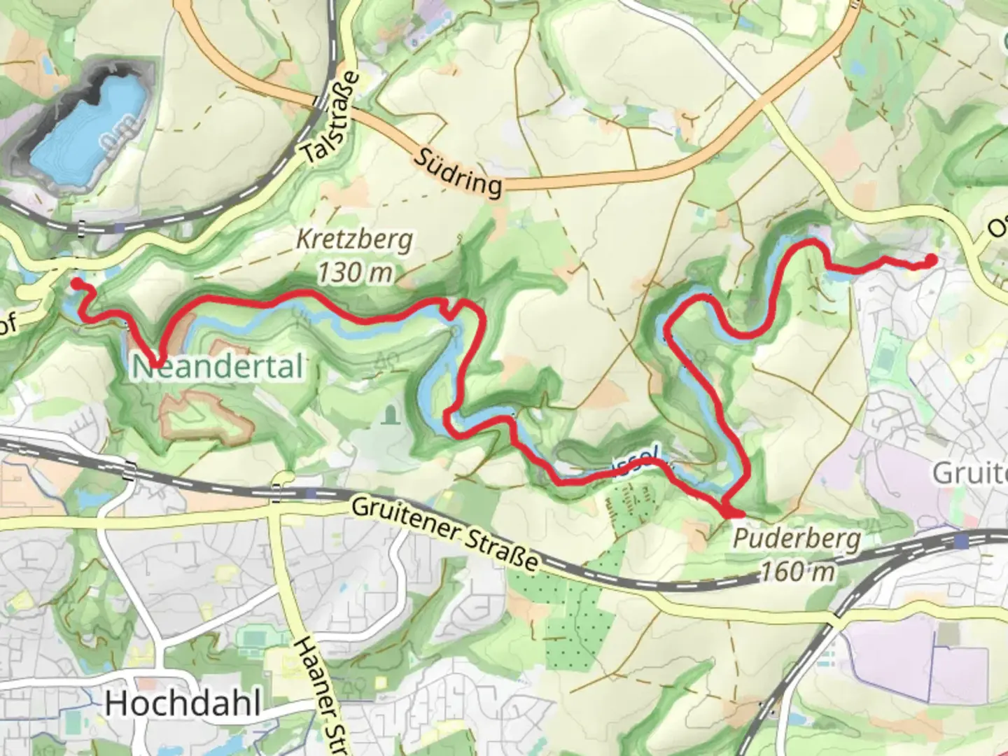 An image depicting the trail Neandertal to Gruiten Walk via Muhlenteich and its surrounding area.