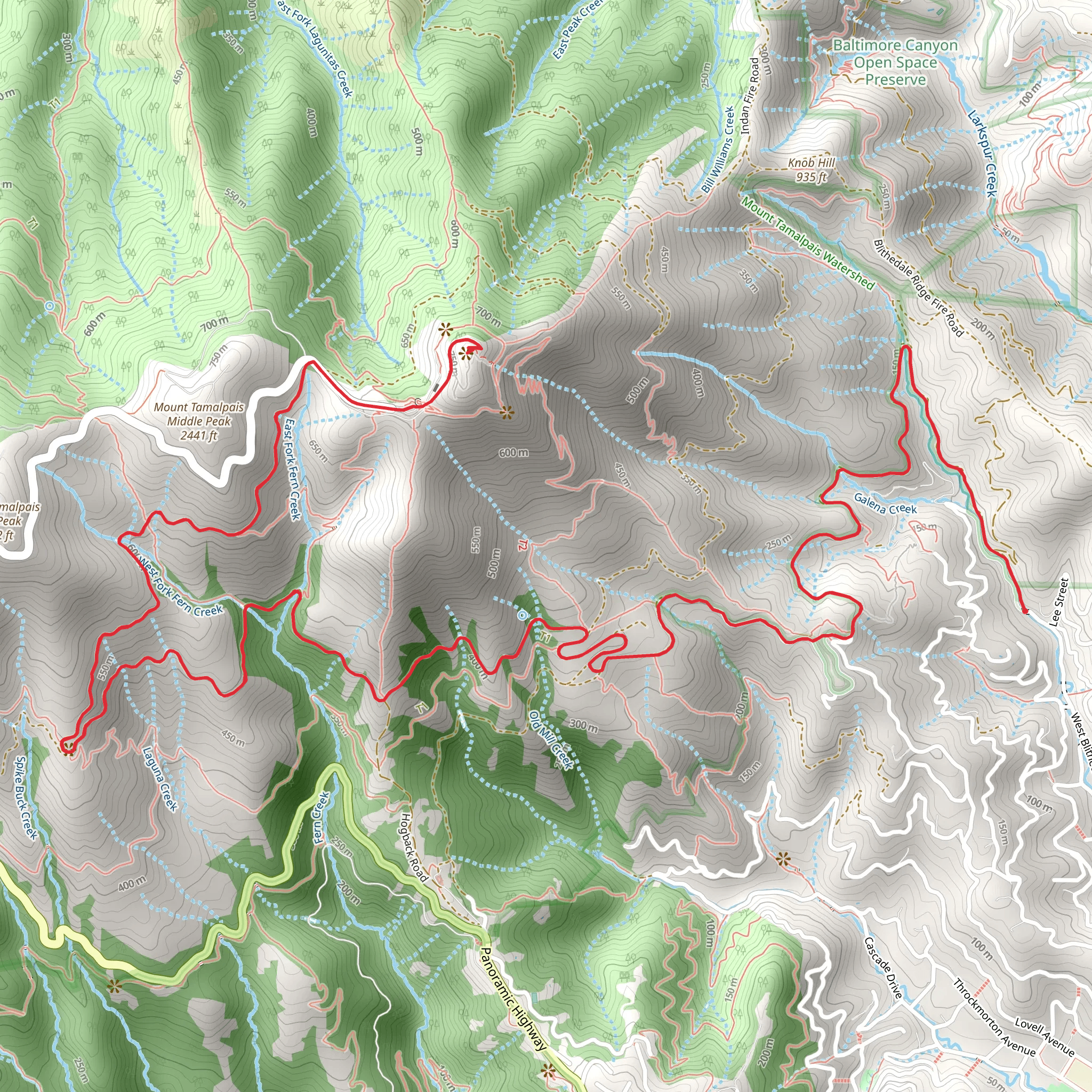 Railroad Grade Fire Road and Plank Walk Trail to Mount Tamalpais mobile static map