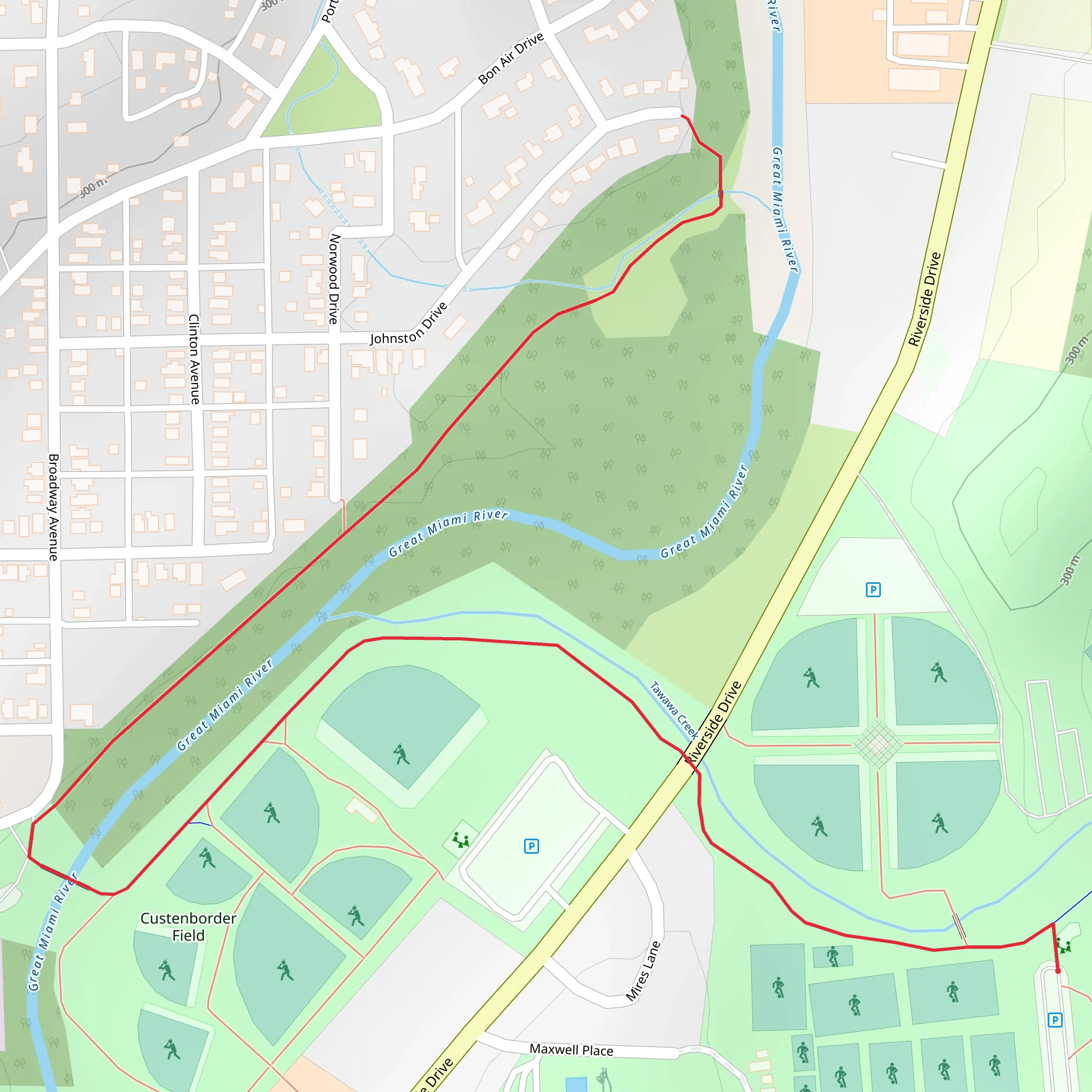 Walk along Great Miami River from Tawawa Lake mobile static map