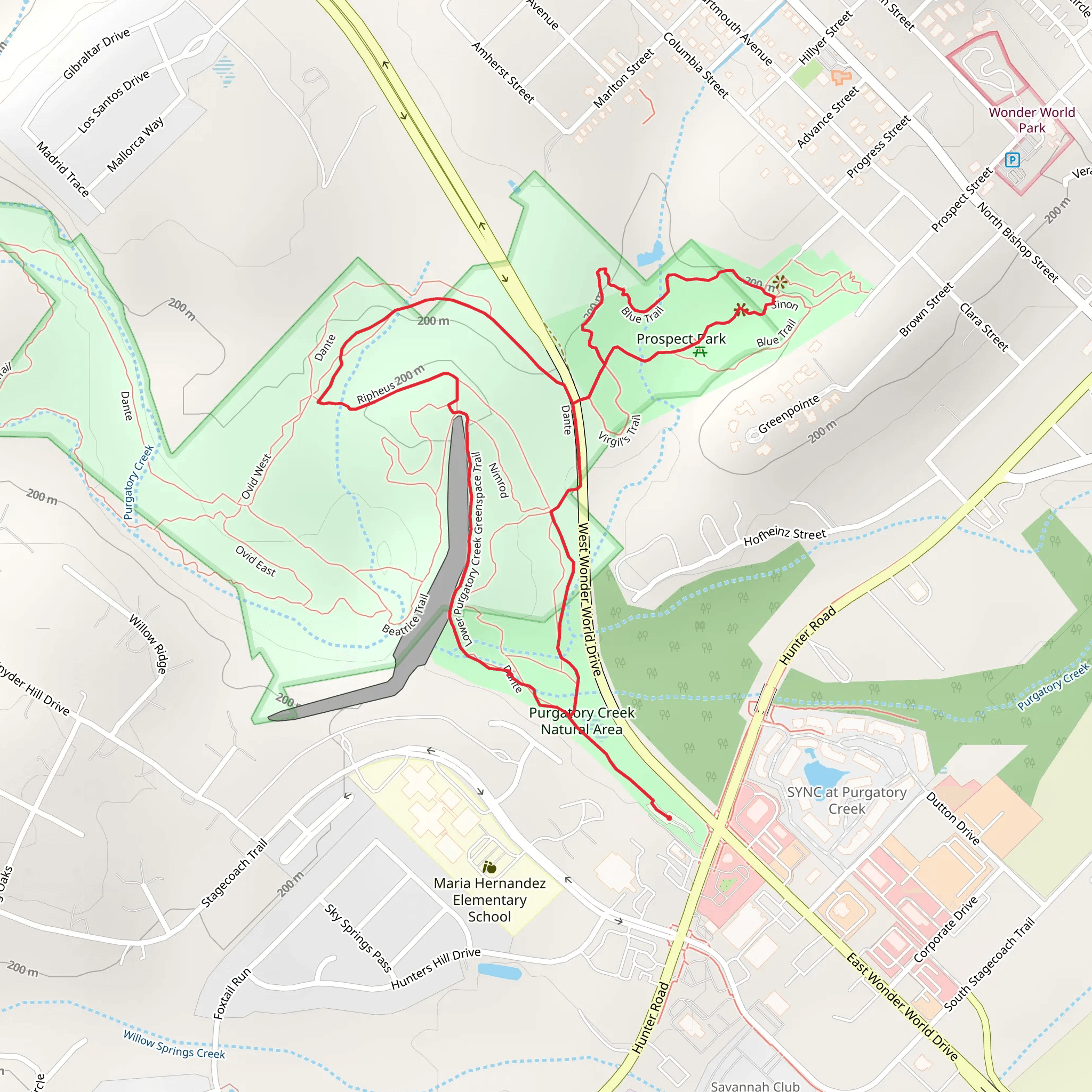 Lower Purgatory Creek Greenspace Trail and Prospect Park Loop mobile static map