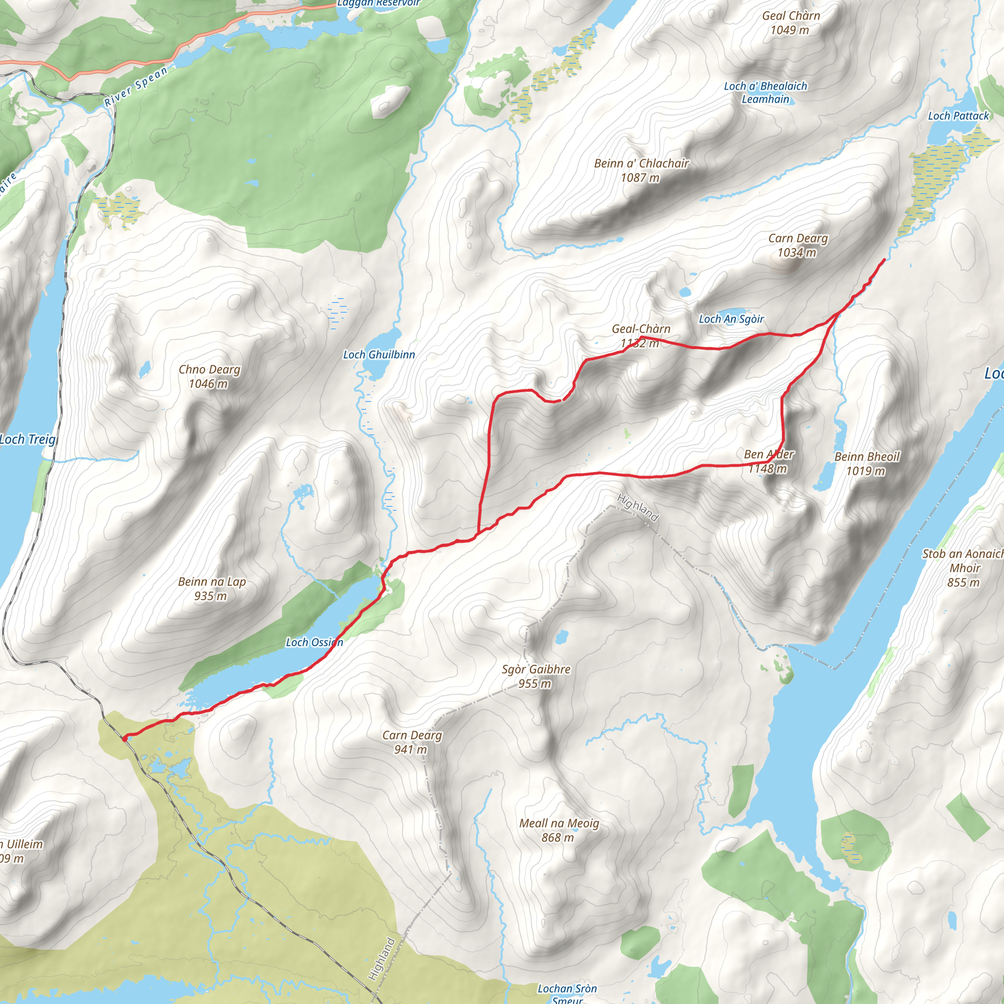 Ben Alder and Geal-charn Loop via Loch Ossian mobile static map