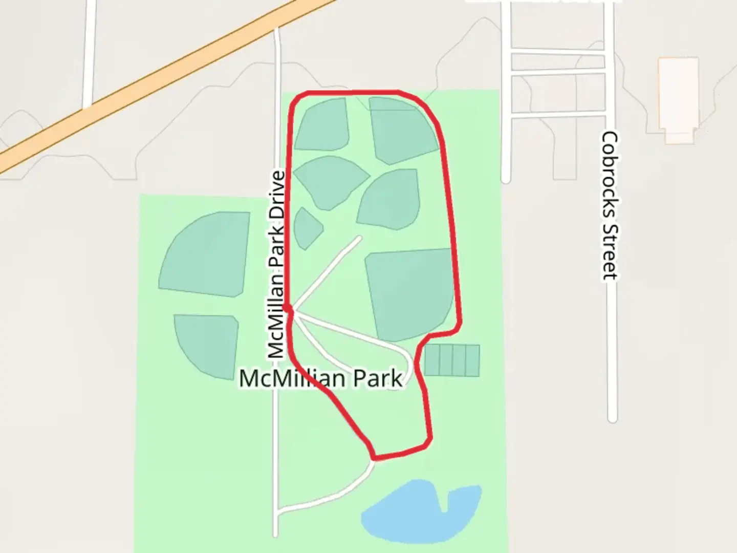 An image depicting the trail McMillian Park Loop and its surrounding area.