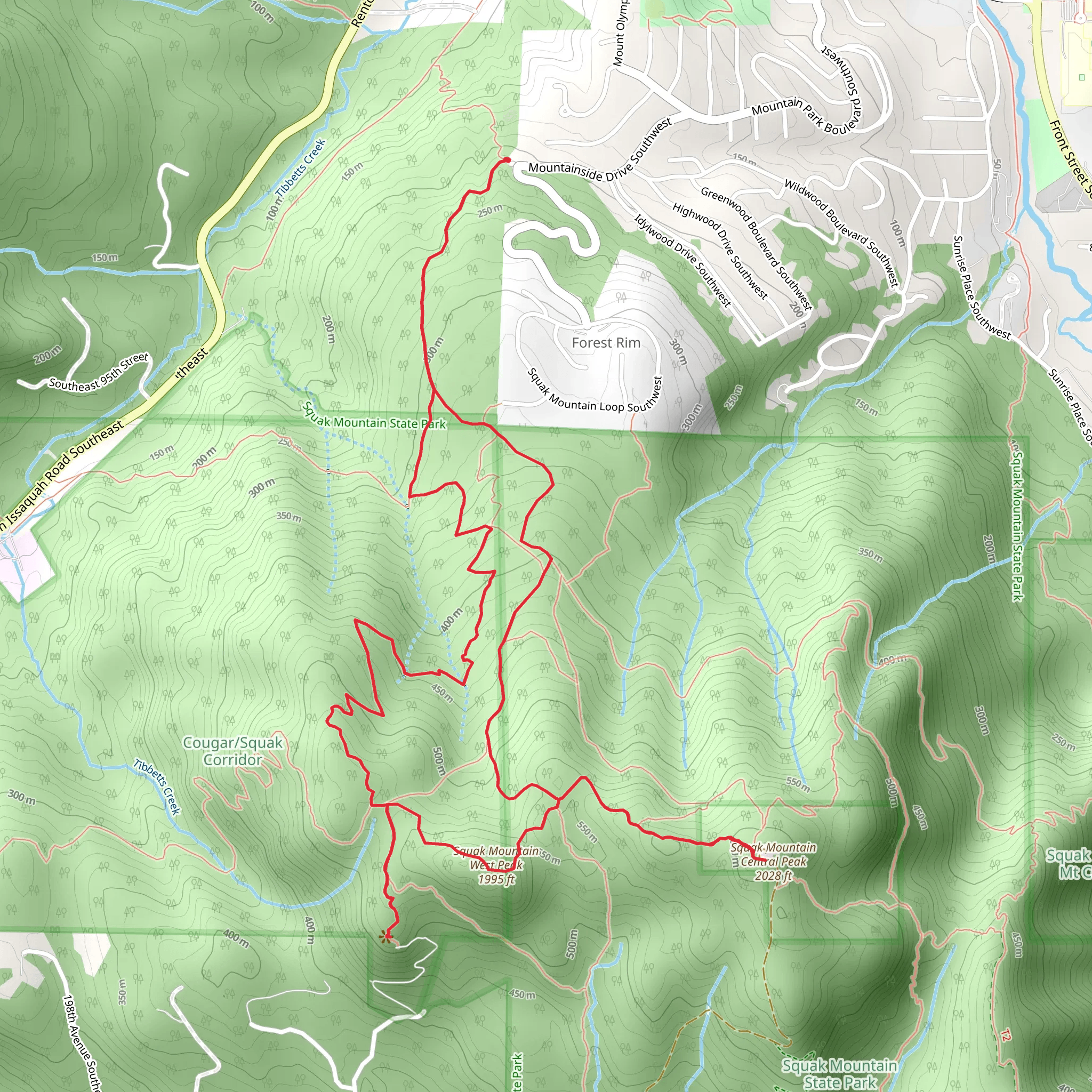 Squak Mountain West Peak and Central Peak via Bullit Fireplace Trail mobile static map