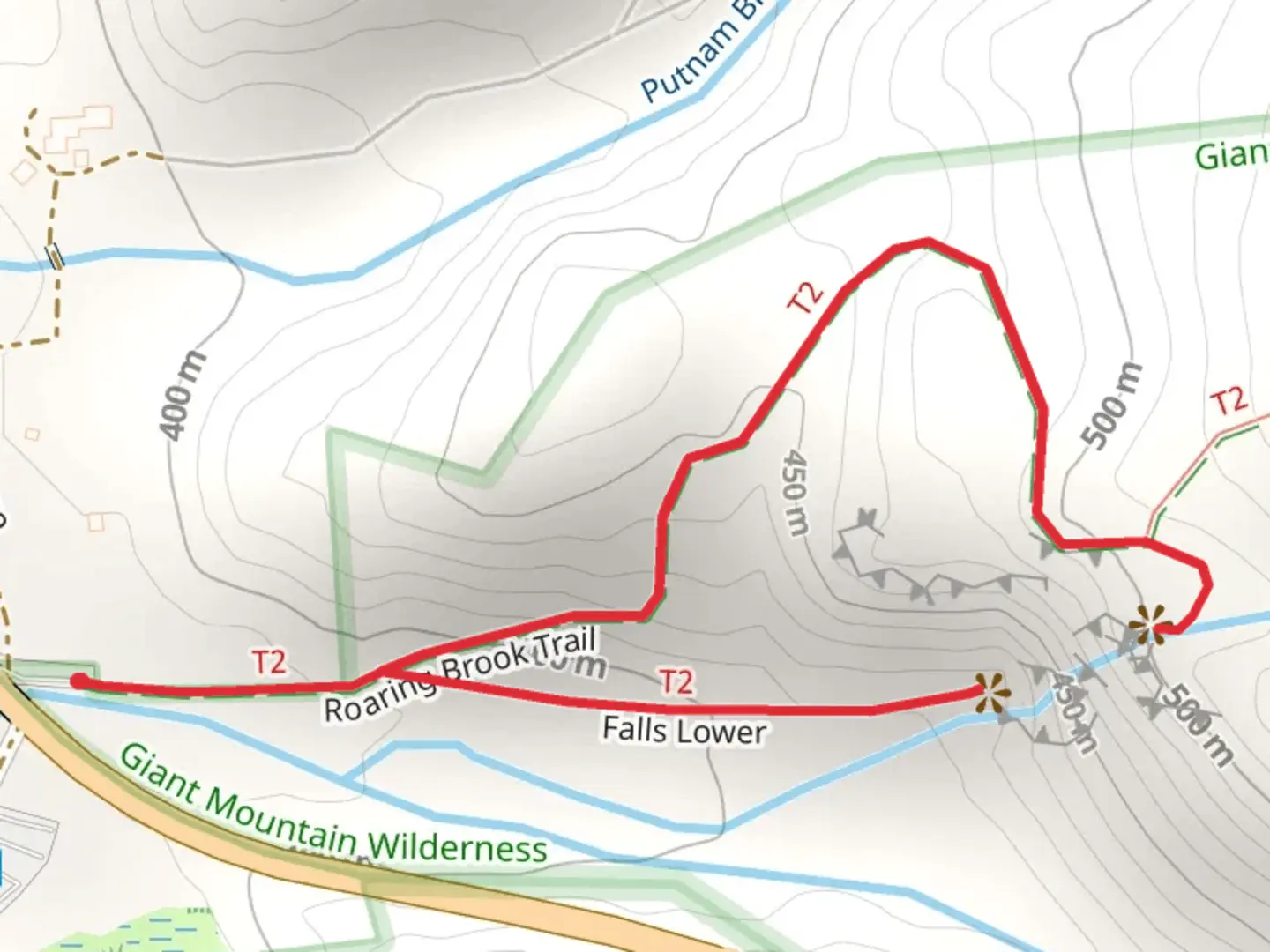 An image depicting the trail Roaring Brook Falls and Falls Lower Loop and its surrounding area.