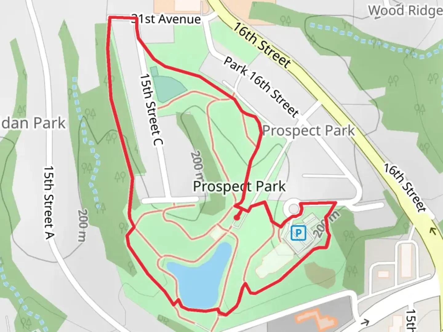 An image depicting the trail Prospect Park Loop and its surrounding area.