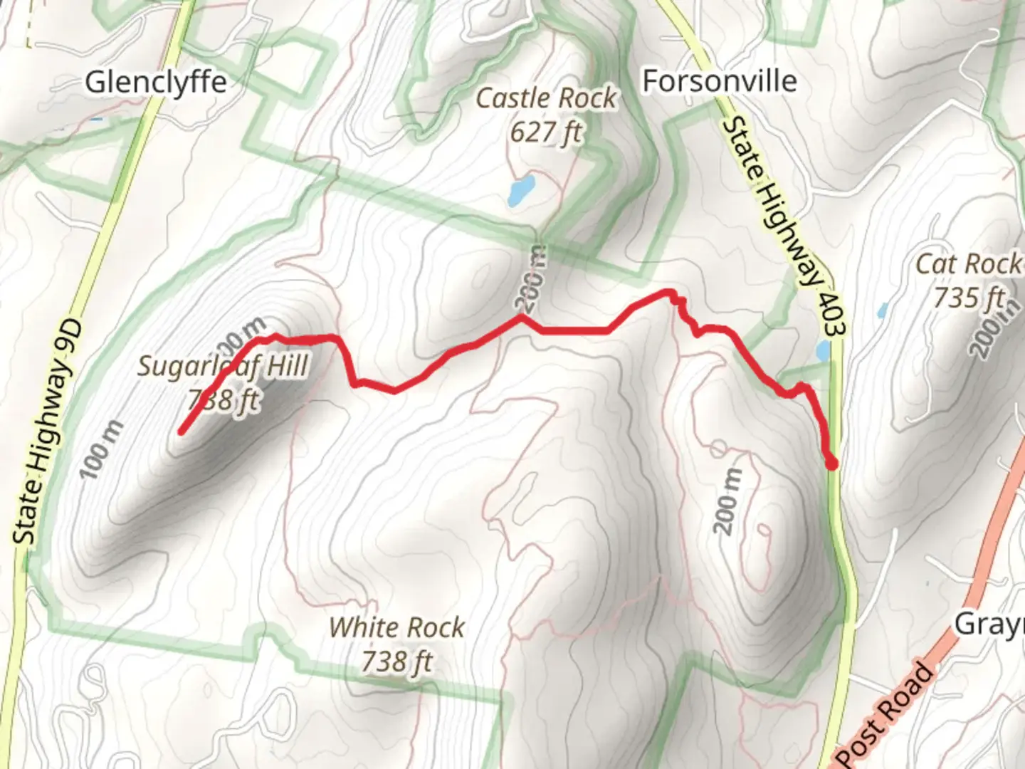 An image depicting the trail Sugarloaf Hill from State Highway 403 and its surrounding area.