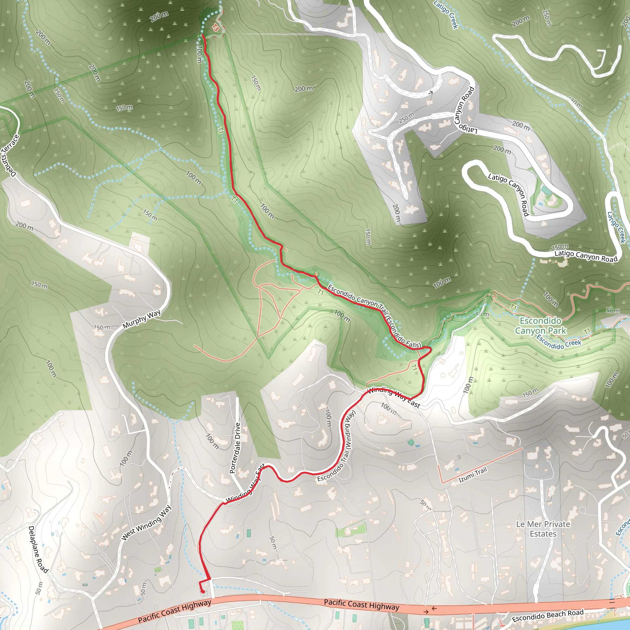Escondido Falls Trail via Escondido Canyon Creek mobile static map