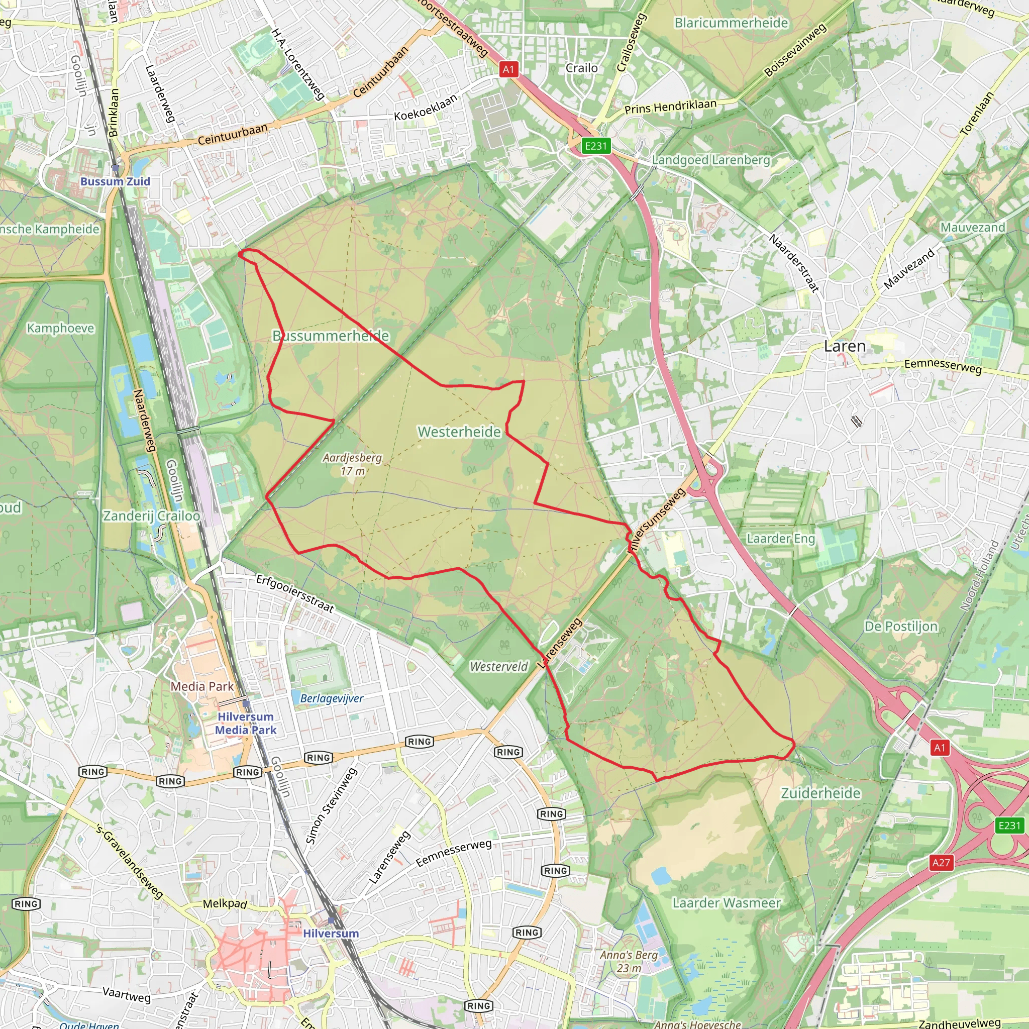 Bussumerheide and Westerheide via Zuiderheide and Eemnesser Weg mobile static map