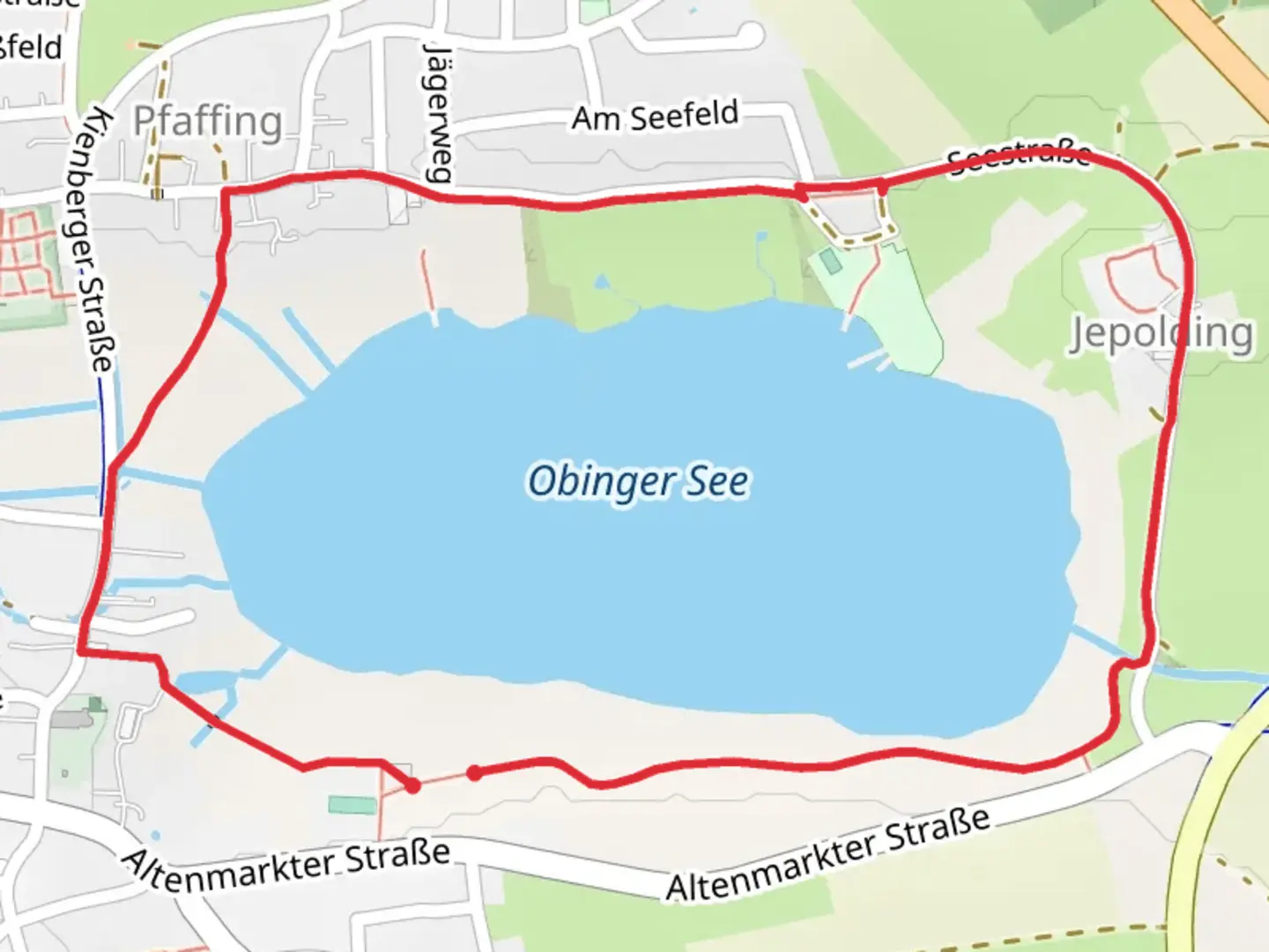 An image depicting the trail Obinger See Loop via Skulpturenweg and its surrounding area.