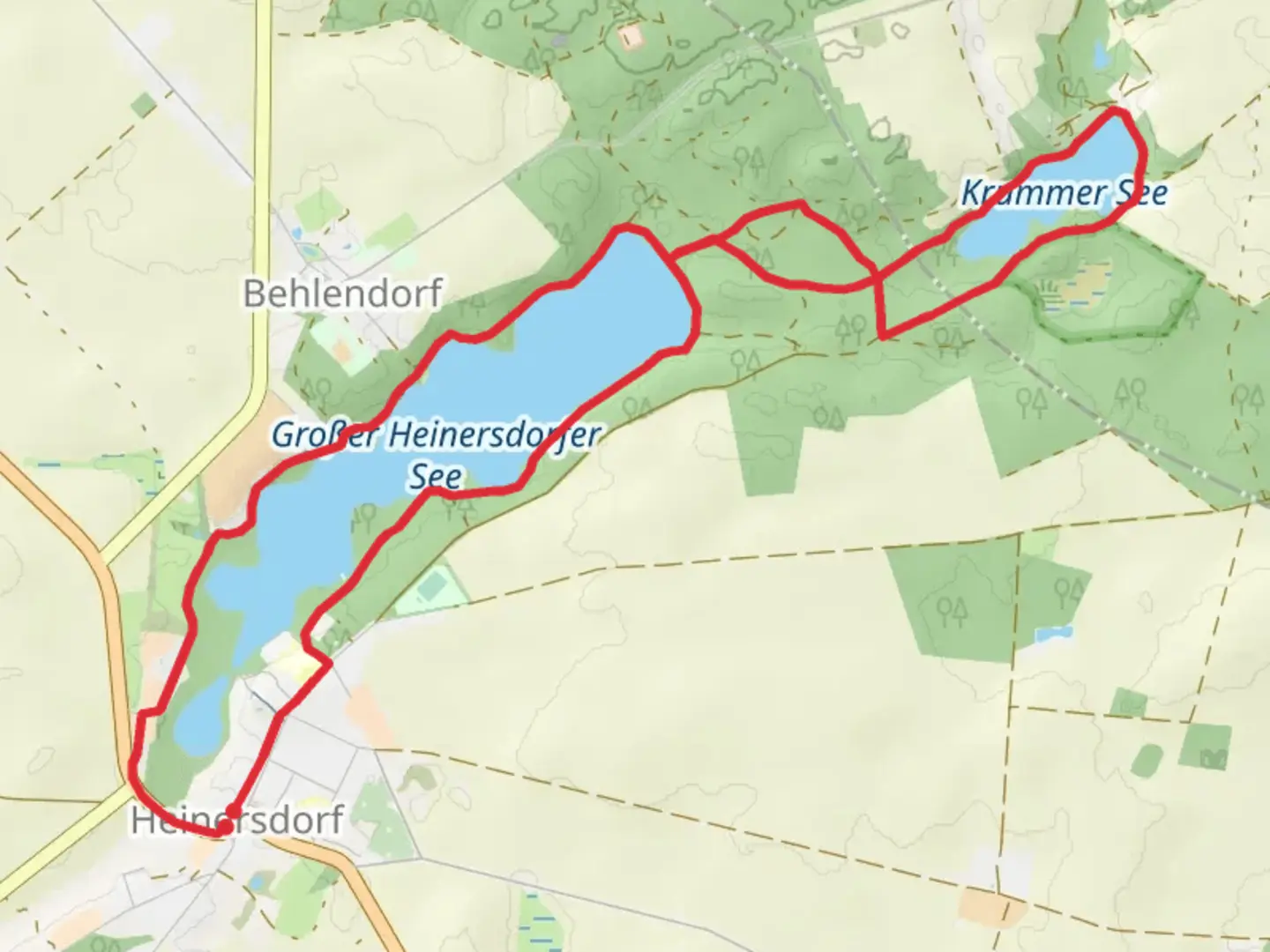 An image depicting the trail Großer Heinersdorfer See and Krummer See Loop and its surrounding area.
