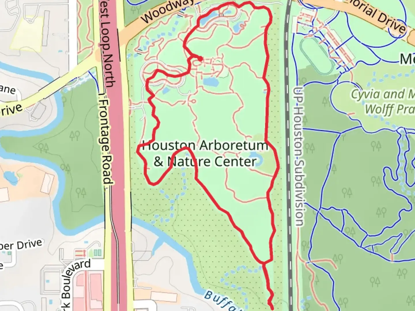 An image depicting the trail Houston Arboretum Park Loop and its surrounding area.