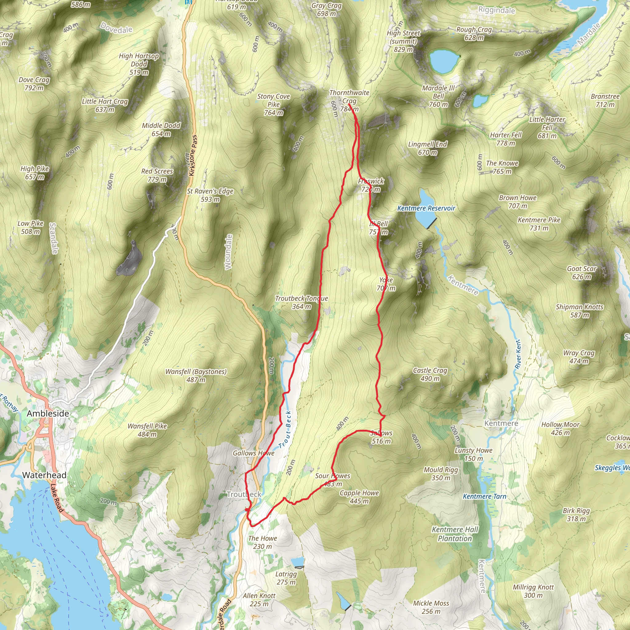 Thornthwaite Crag, Ill Bell and Yoke Loop from Troutbeck mobile static map