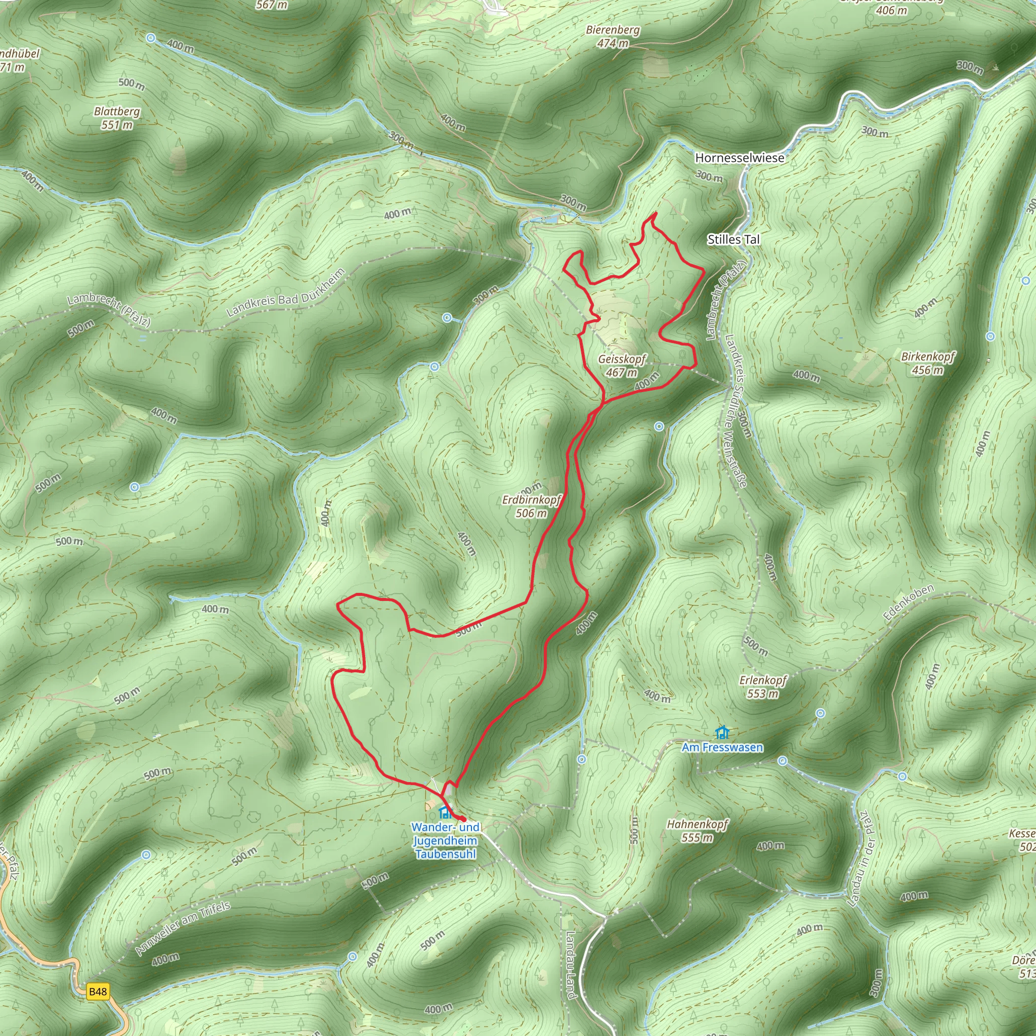 Rundwanderweg Taubensuhl and Pfaelzerwald Blauer Balken mobile static map