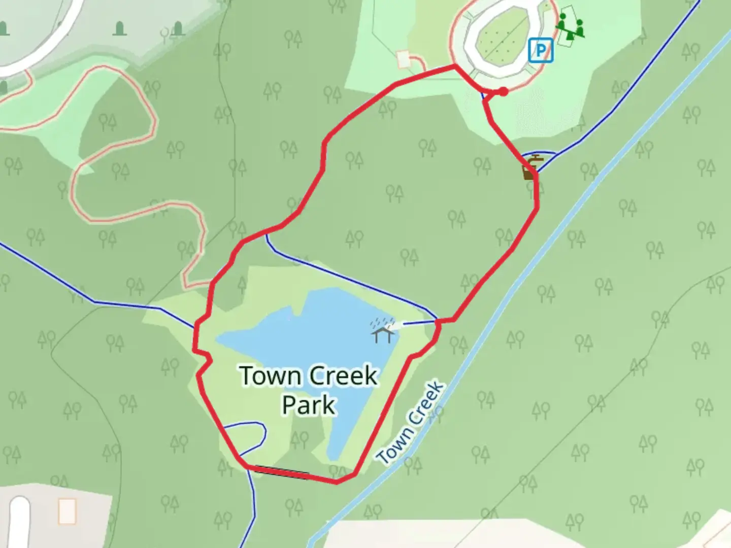 An image depicting the trail Town Creek Loop and its surrounding area.