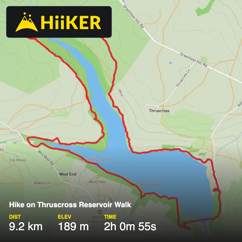 A map preview of the recording Hike on Thruscross Reservoir Walk.