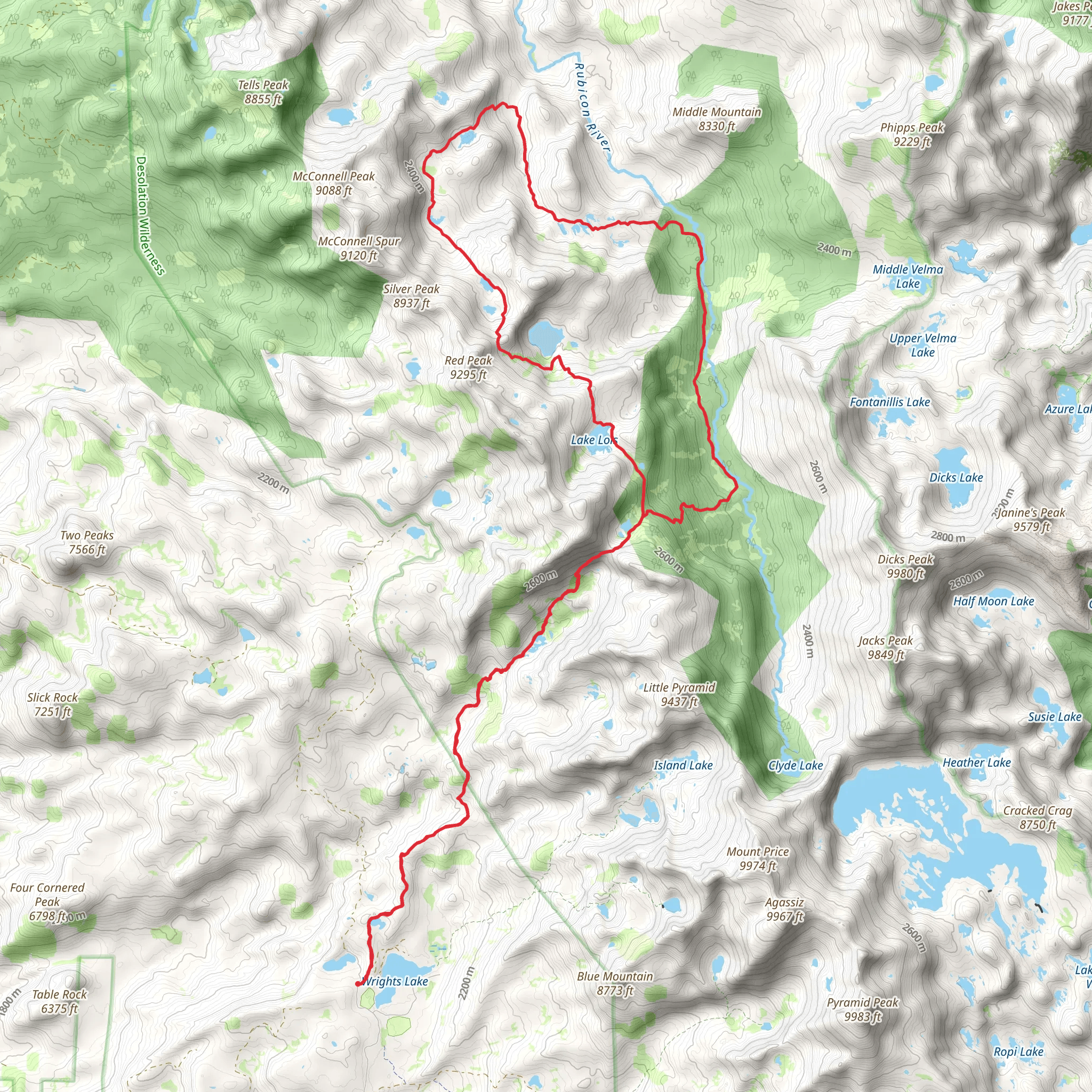 Rockbound Pass, Rubicon Trail, 4-Q Lakes, Lake Schmidell Loop via Beauty Lake mobile static map
