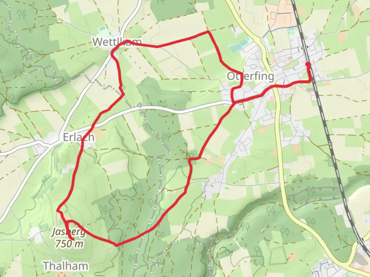 An image depicting the trail Jasberg Rundweg and Otterfing Loop and its surrounding area.