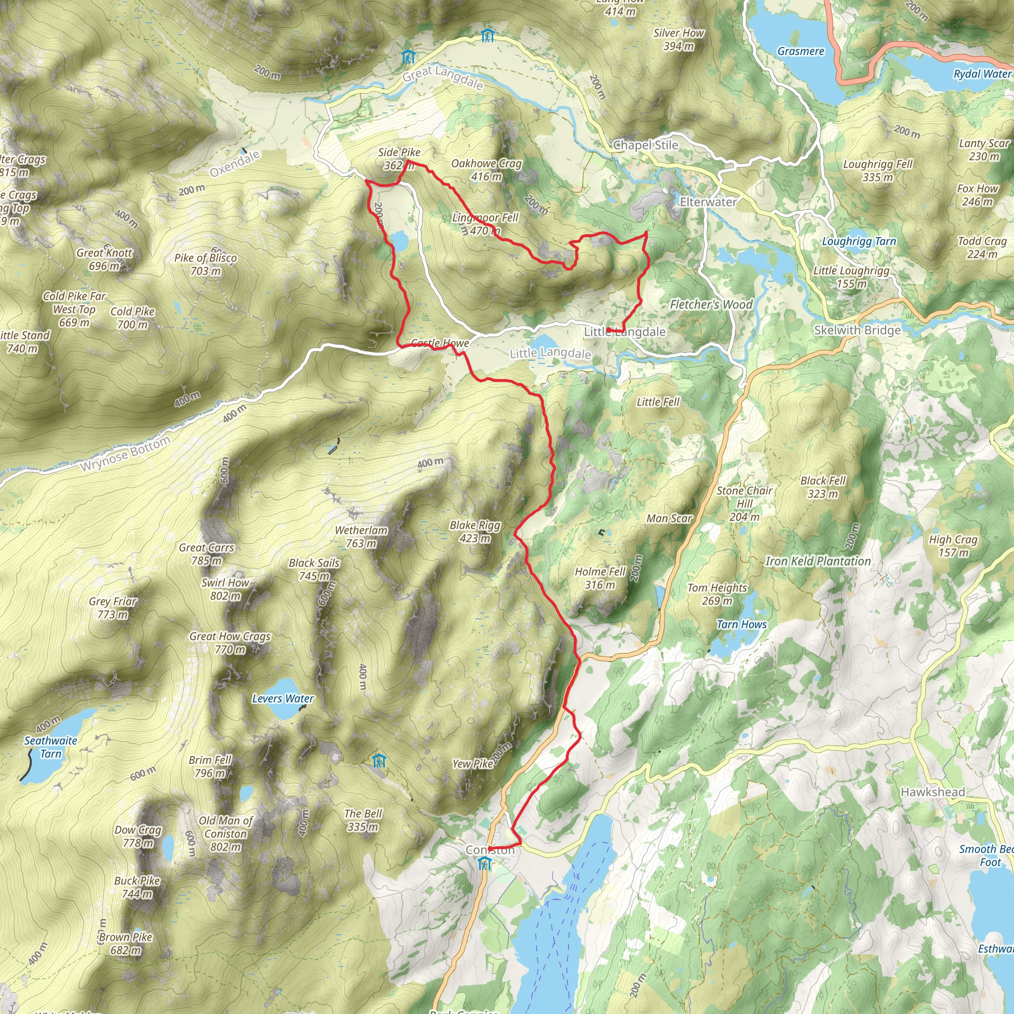 Little Langdale to Coniston Walk via Lingmoor Fell mobile static map