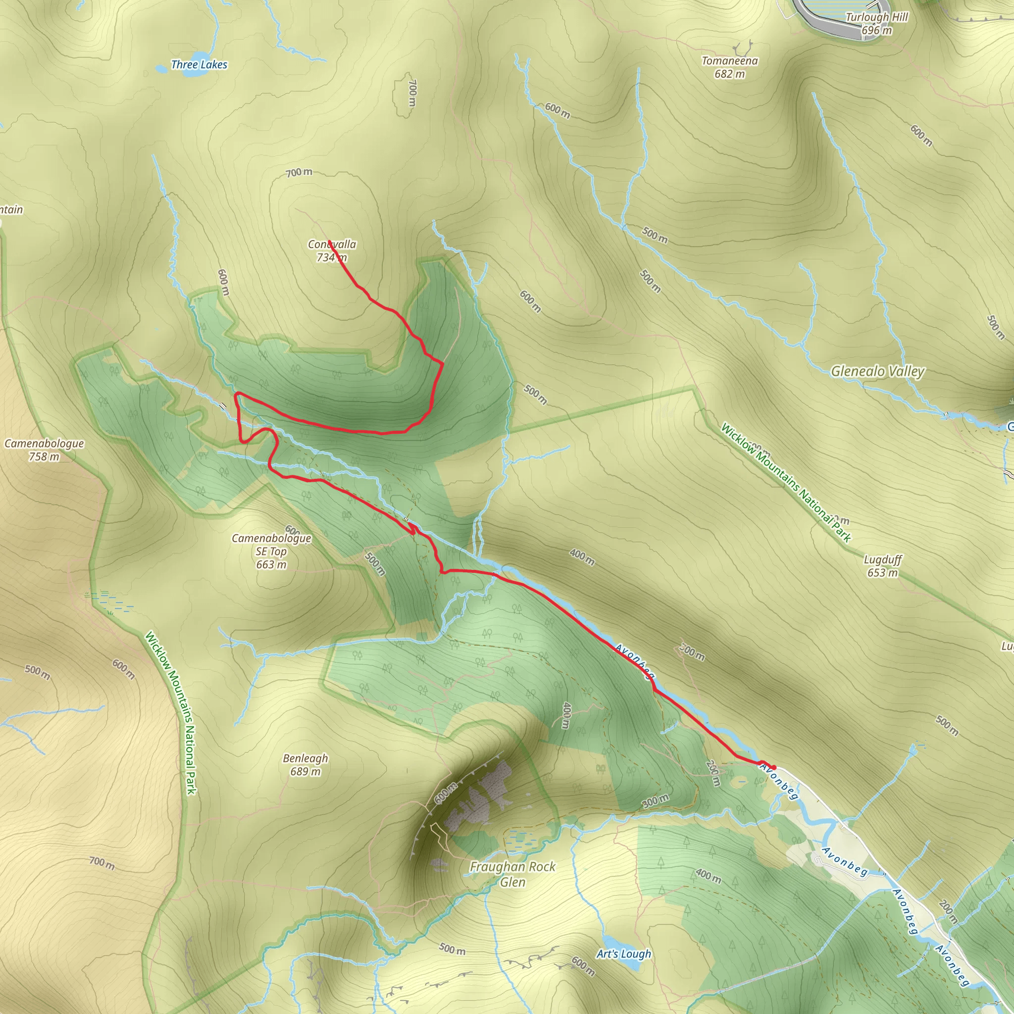 Baravore carpark in Glenmalure valley to Cunavalla top mobile static map