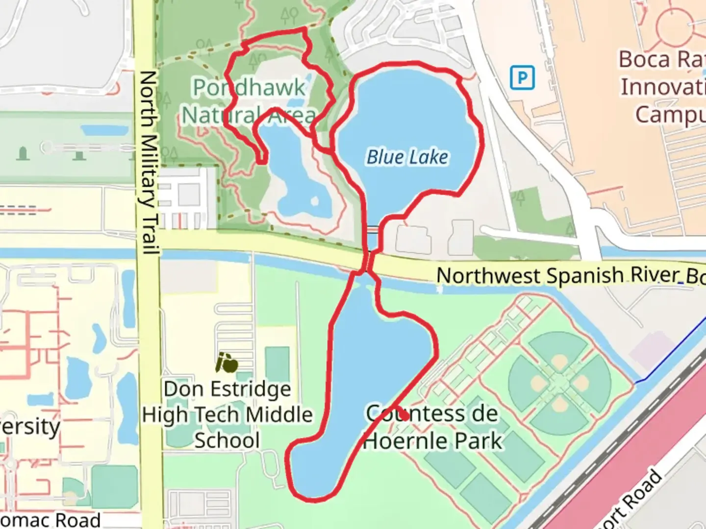 An image depicting the trail Blue Lake Trail and Pondhawk Accessible Loop Trail and its surrounding area.
