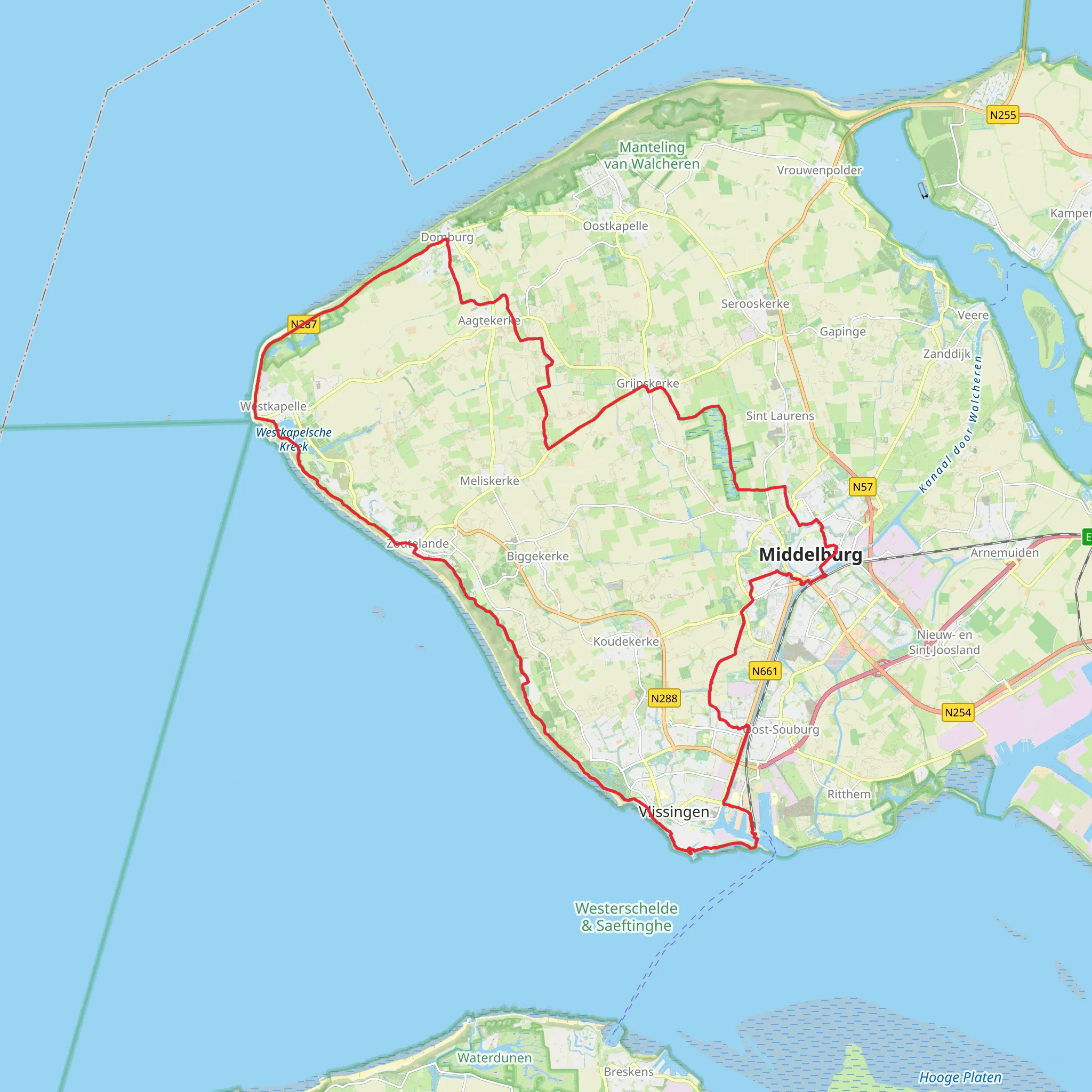 Binnenhaven, Groot Valkenisse and Westkapelsche via Vlissings Jaagpad and Strand Zoutelande mobile static map