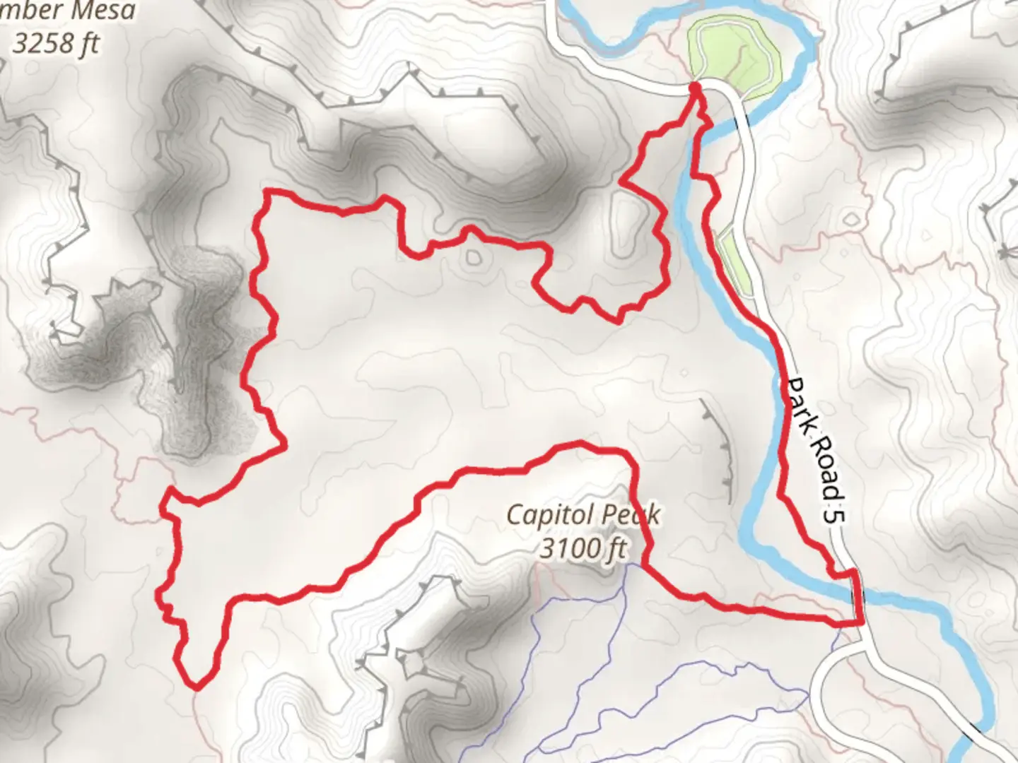 An image depicting the trail Givens, Spicer, Lowry, Lighthouse and Paseo del Rio Loop Trail and its surrounding area.