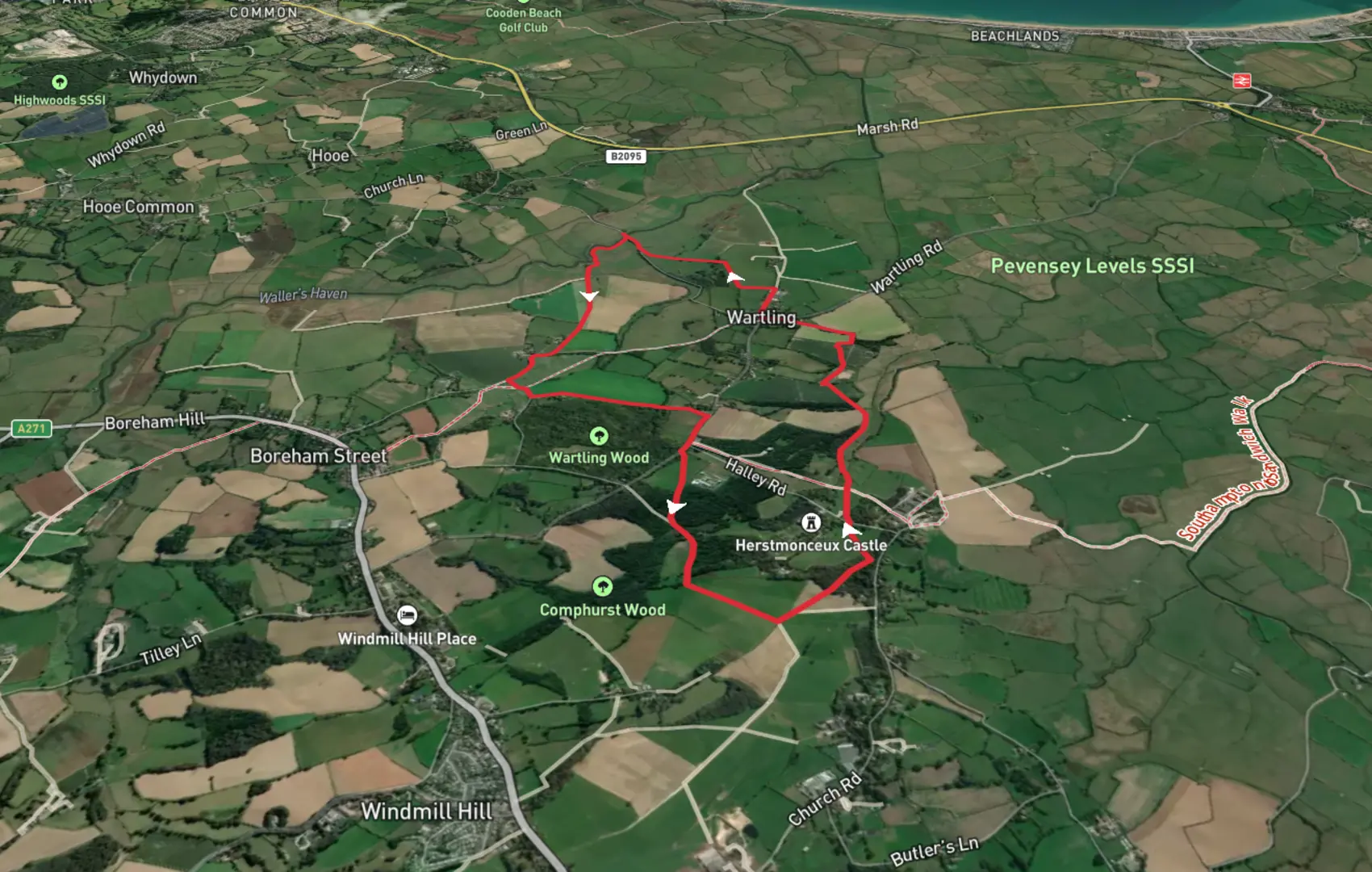 An image depicting the trail Wartling Wood and Plantation Wood Loop and its surrounding area.