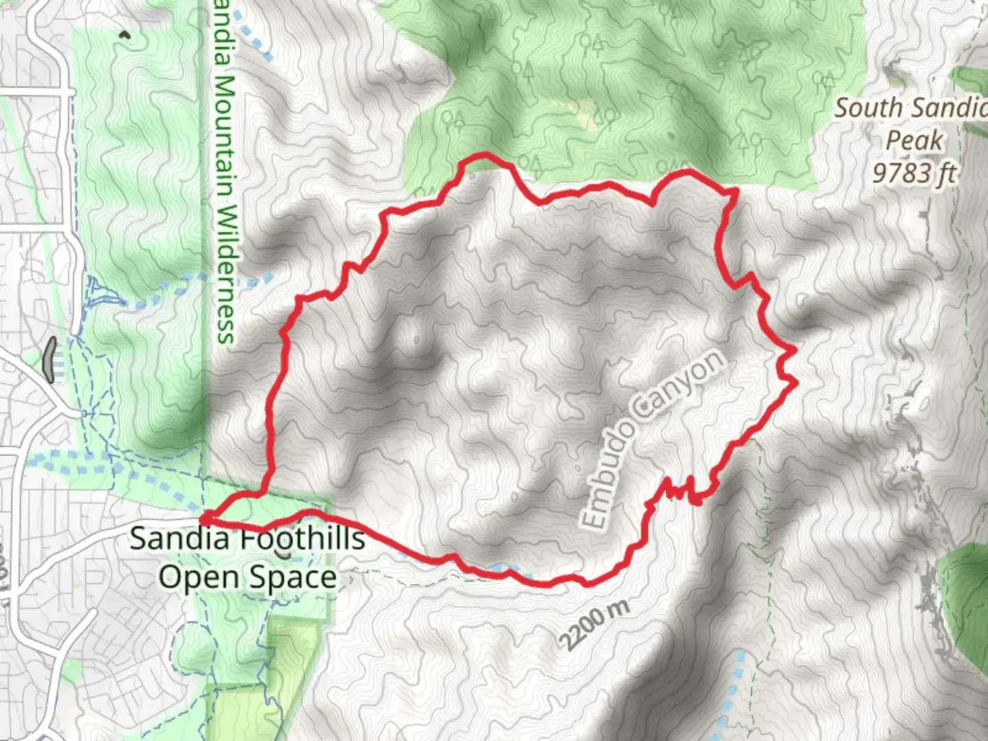 An image depicting the trail Embudo Trail Loop and its surrounding area.