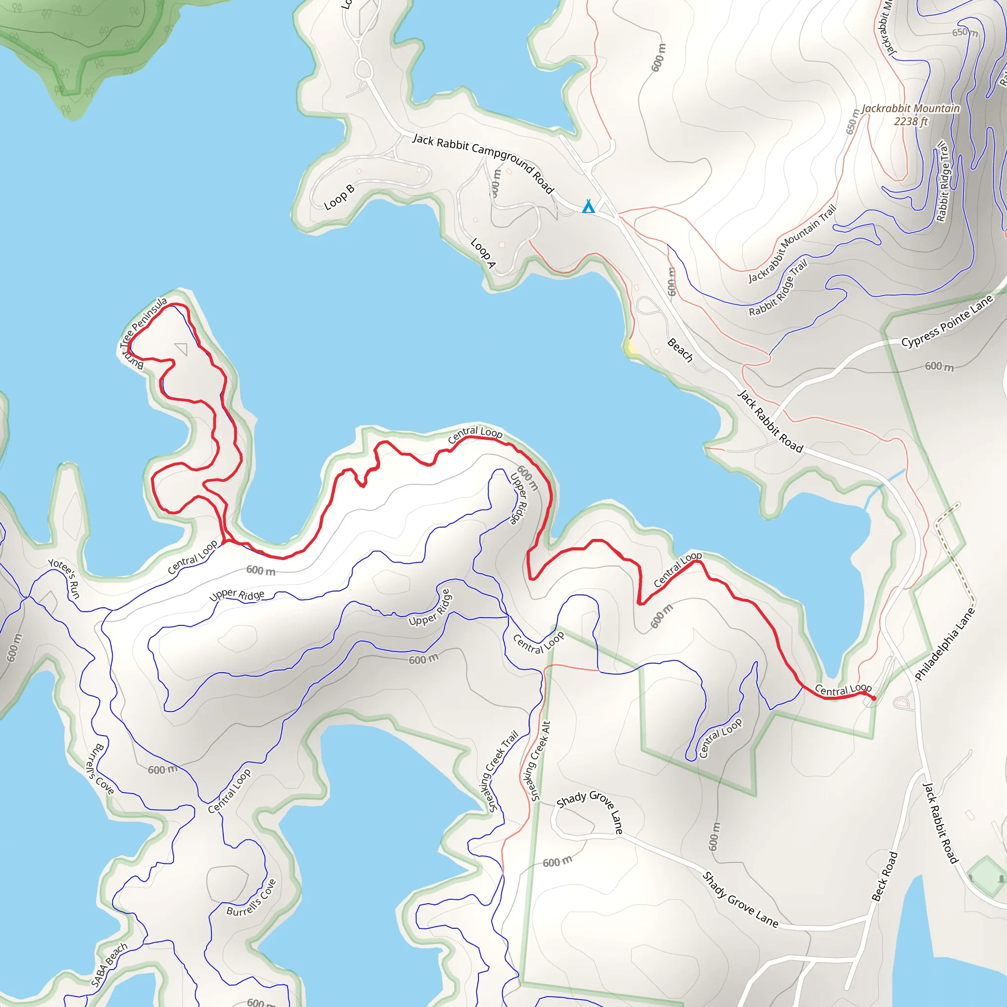 Burnt Tree Peninsula Trail via Central Loop Trail mobile static map