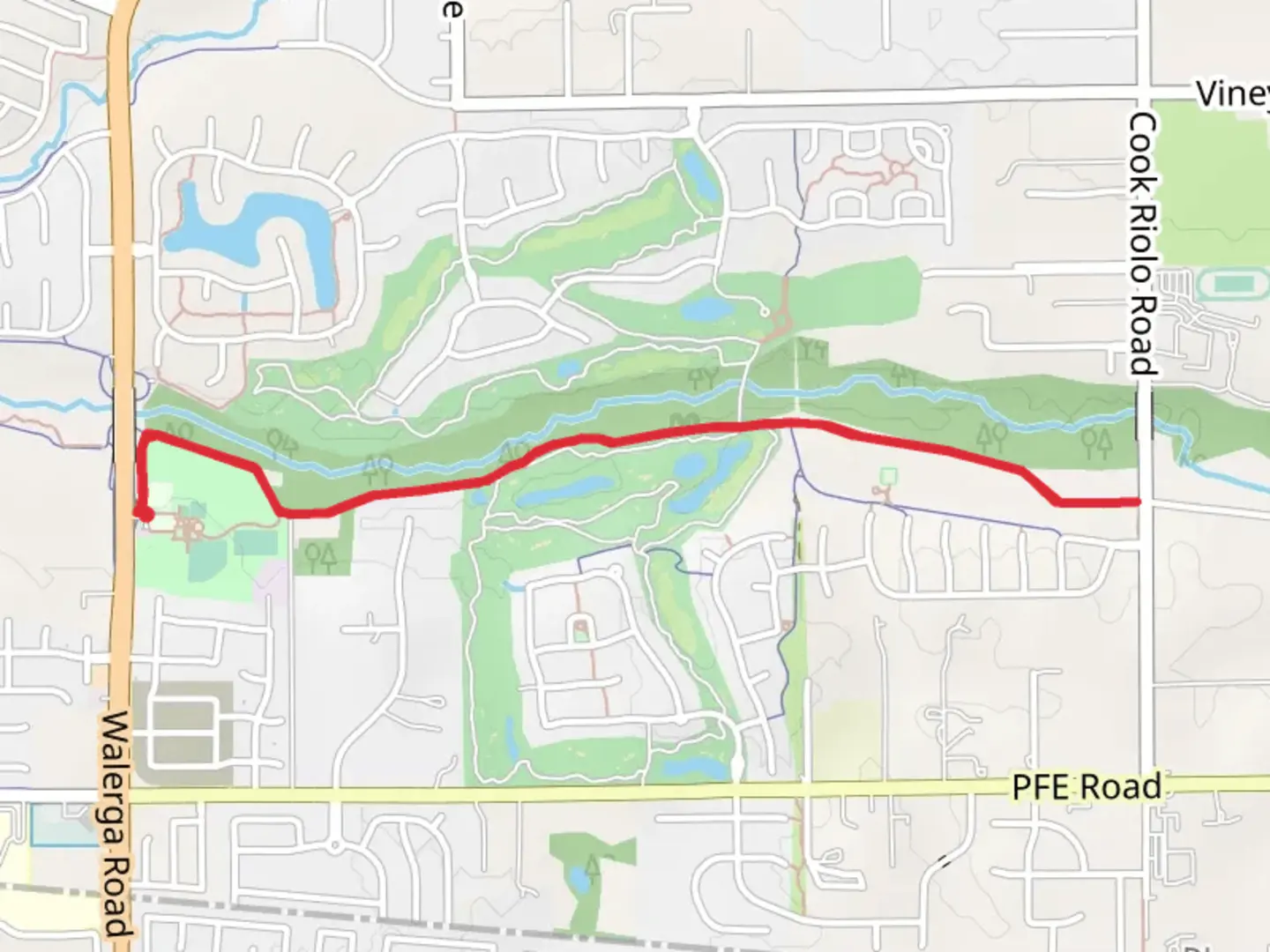 An image depicting the trail Dry Creek Community Park and its surrounding area.