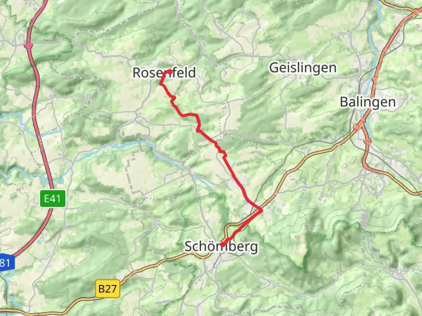 An image depicting the trail Schömberg to Rosenfeld via Blaues Minus Rosenfeld - Dotternhausen and its surrounding area.