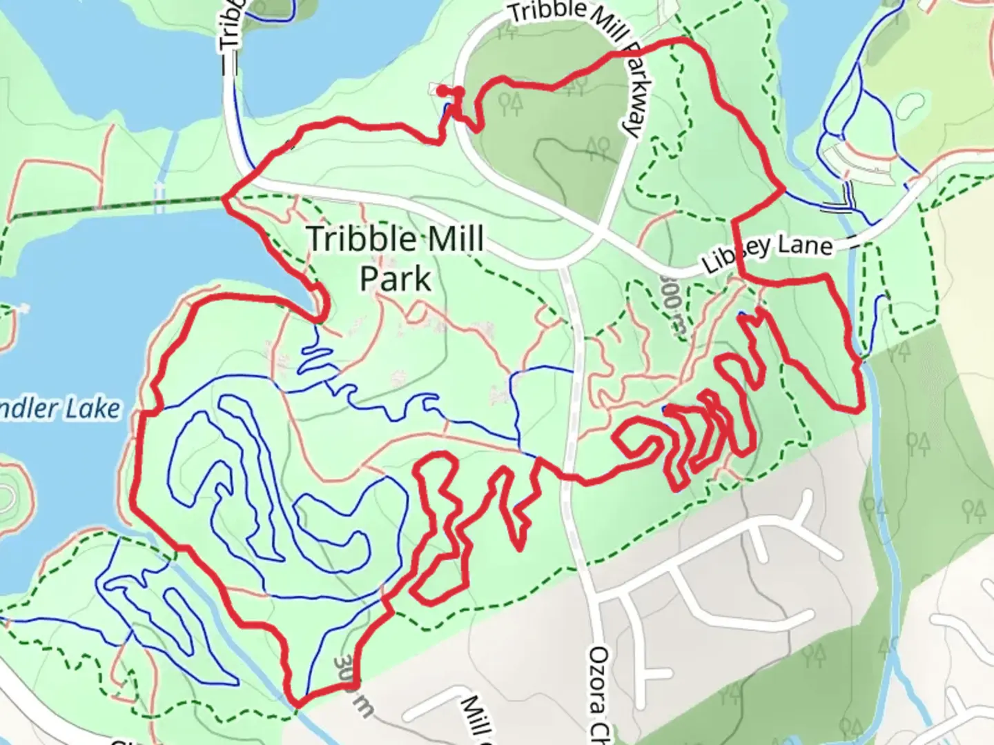 An image depicting the trail Tribble Mill Park and Chandler Lake Loop and its surrounding area.