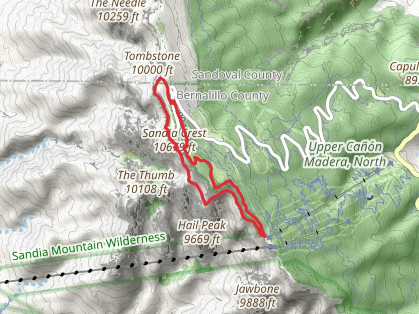 An image depicting the trail South Crest, La Luz Trail and Royce's Trail Loop and its surrounding area.