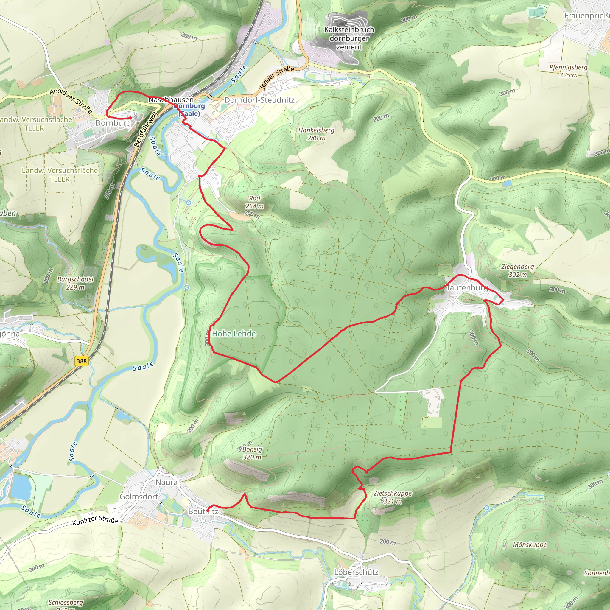Beutnitz to Dornburg via Touringen Stempelstelle and Sophiemterrassen mobile static map