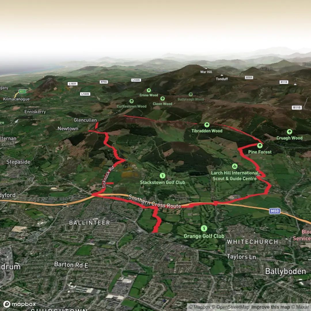 An image depicting the trail day hike in Dublin Mountains and its surrounding area.