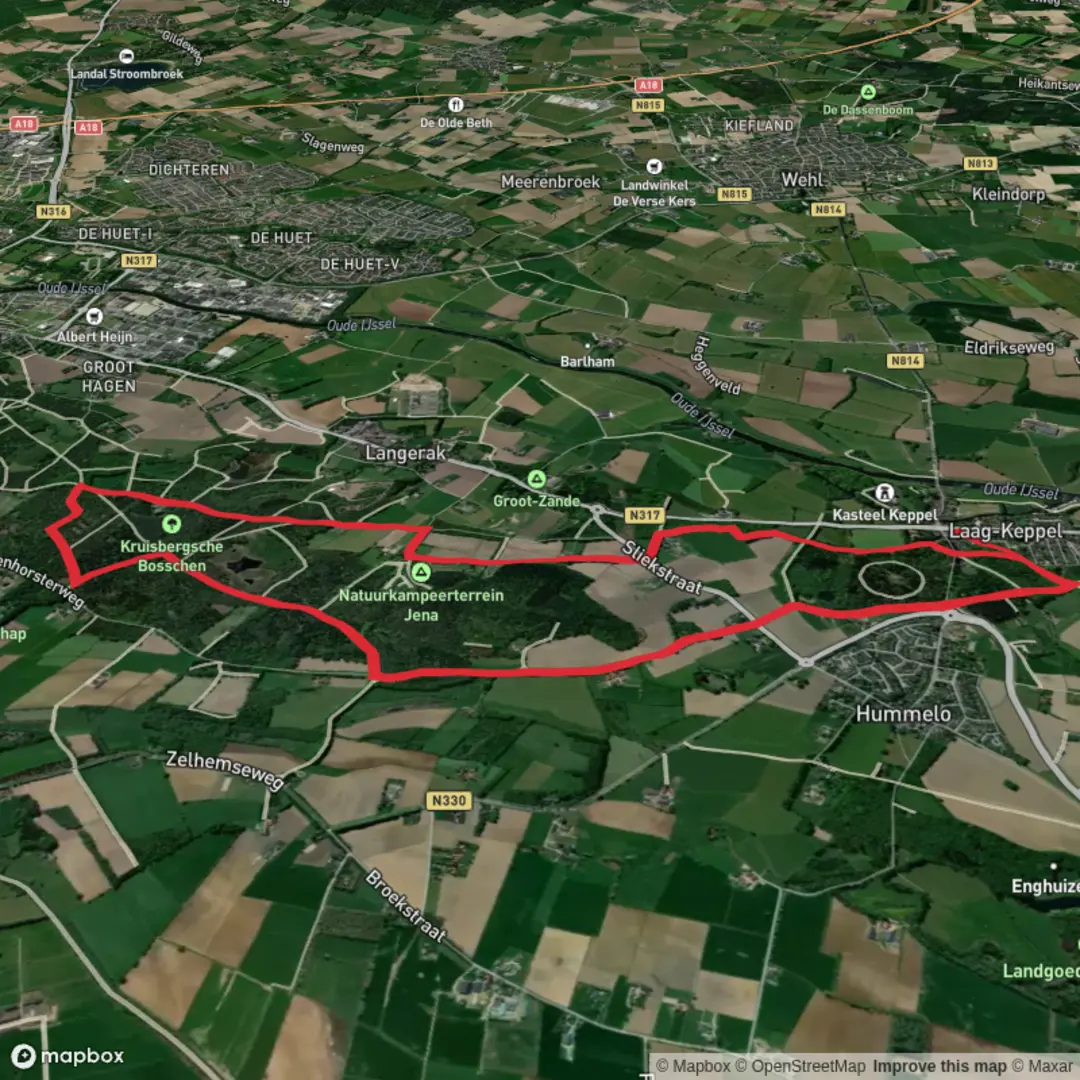 An image depicting the trail Kruisbergsche Bosschen and Sliek Route and its surrounding area.