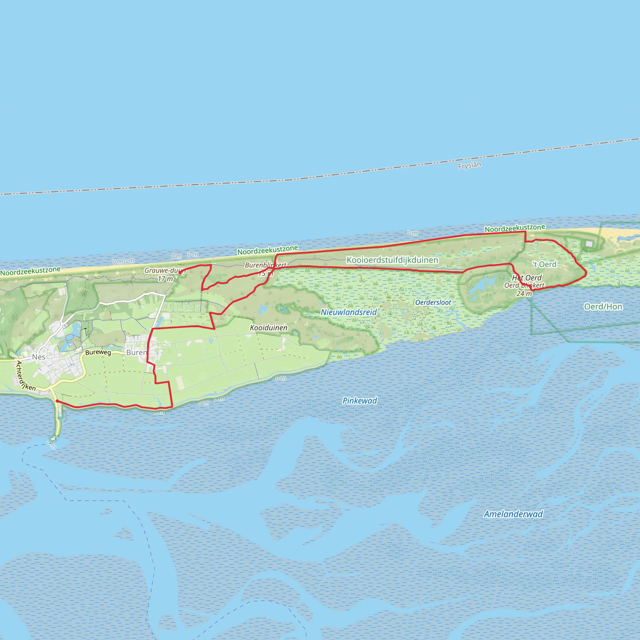Buurderduinen to De Piraat via Oerderduinen and Gemeente Ameland mobile static map