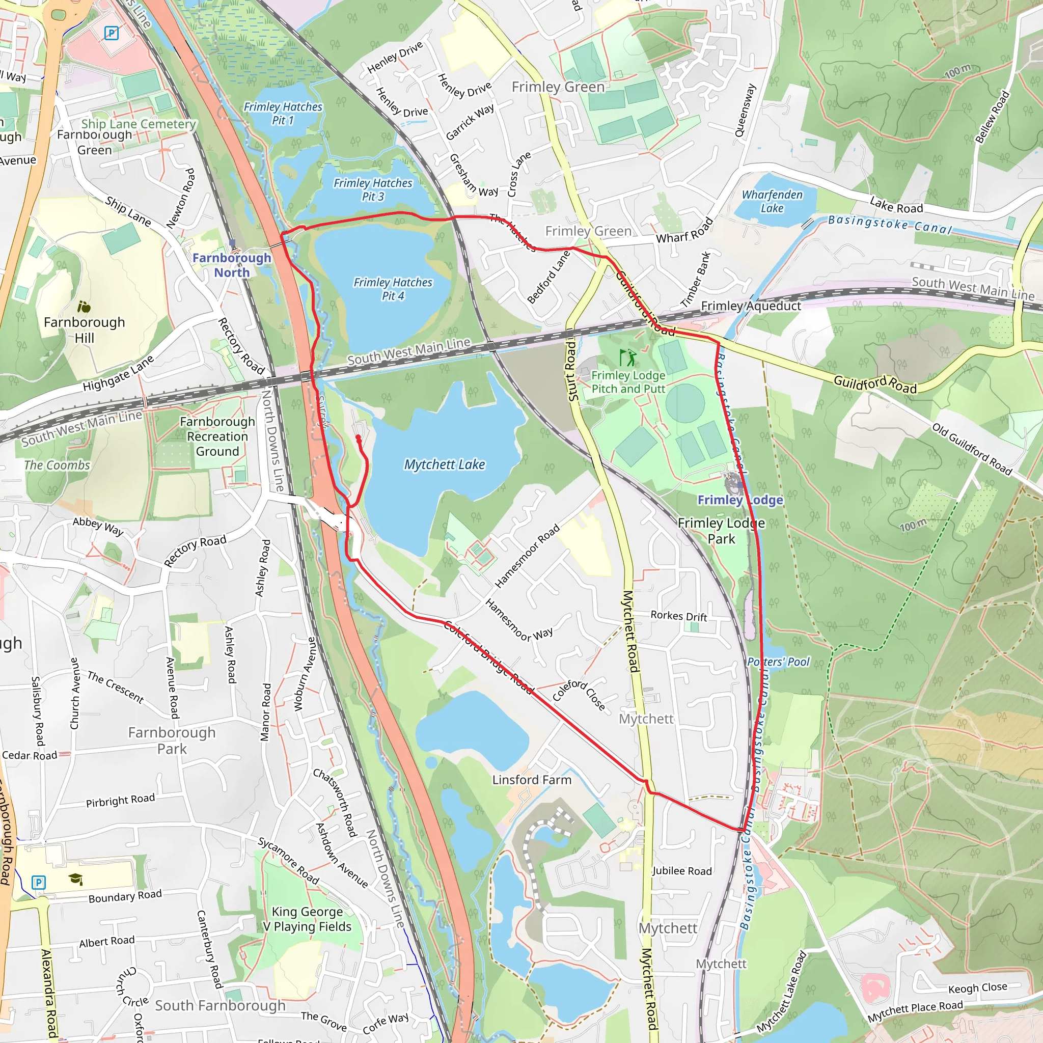 Mytchett Lake, Frimley Hatches Pit 4 and Basingstoke Canal Loop mobile static map