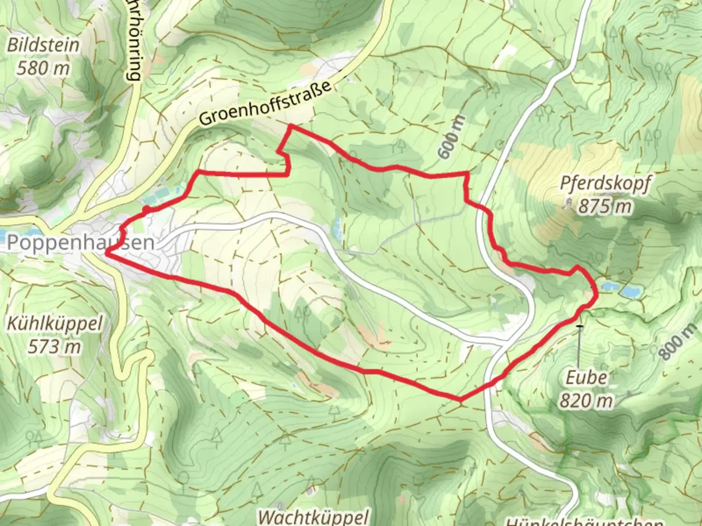 An image depicting the trail Poppenhausen - Rhoen Rundweg and Poppenhausen Wanderweg 2 and its surrounding area.