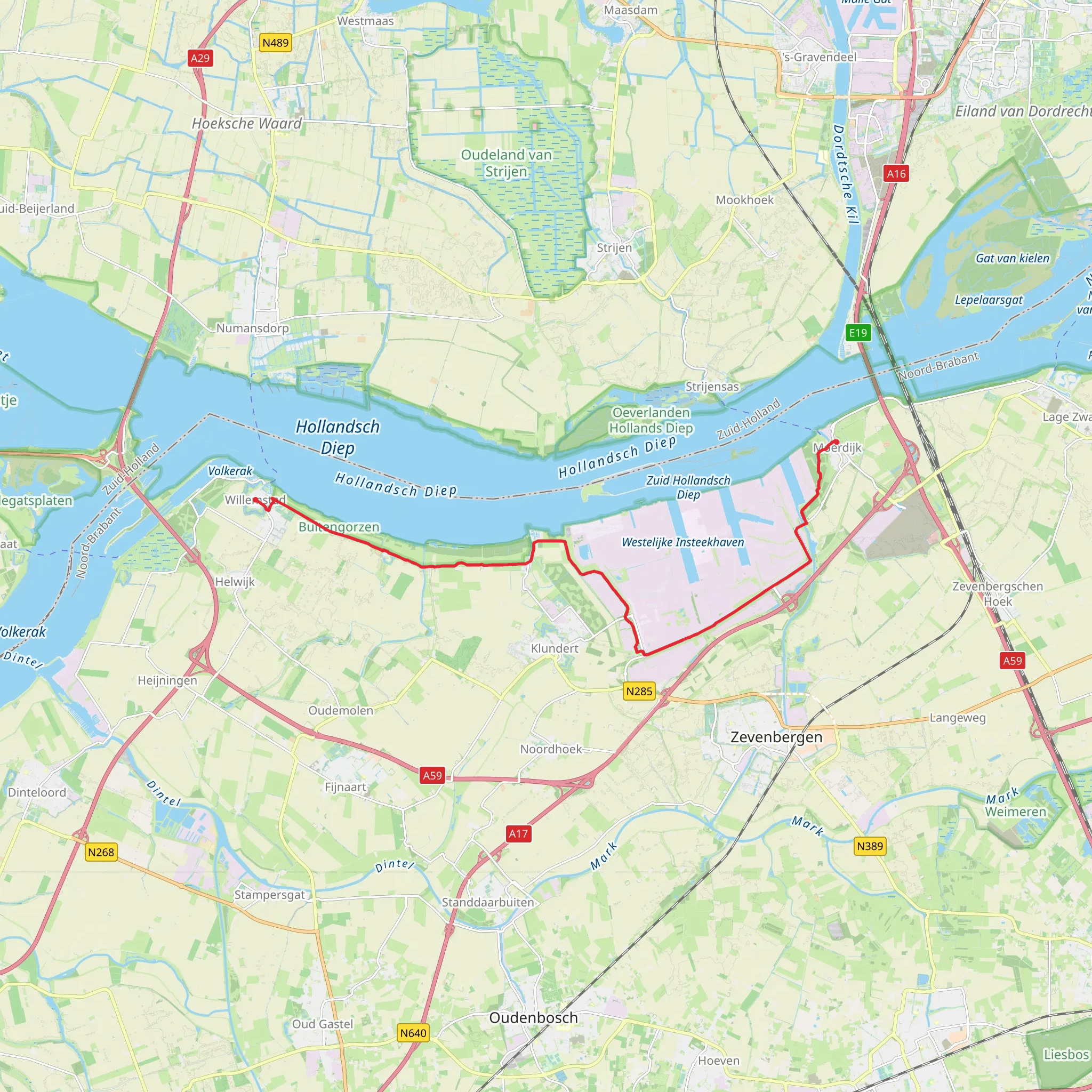 Willemstad to Moerdijk via Buitengorzen and Appelzak mobile static map