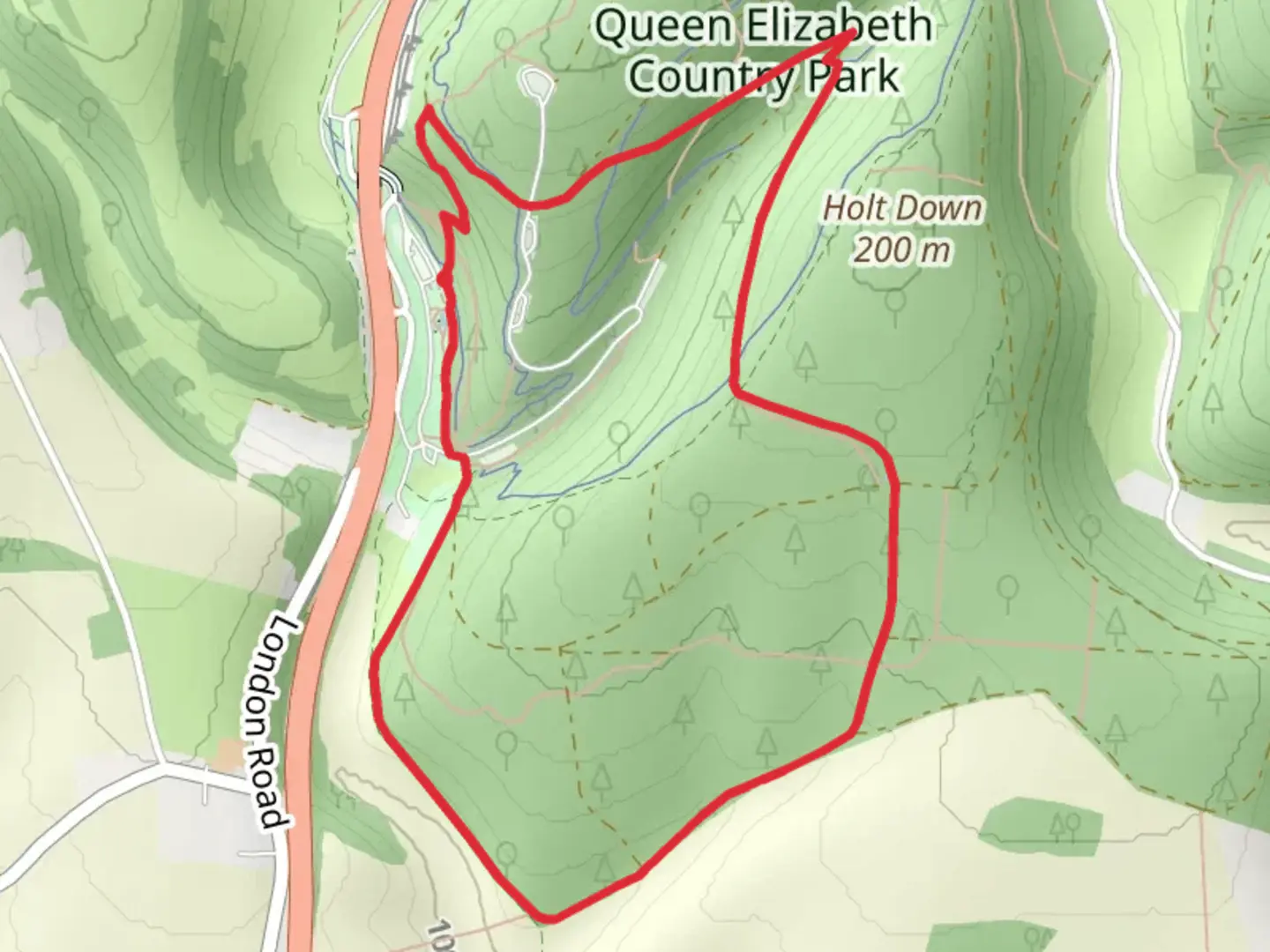 An image depicting the trail Queen Elizabeth Country Park via Space Trail and its surrounding area.